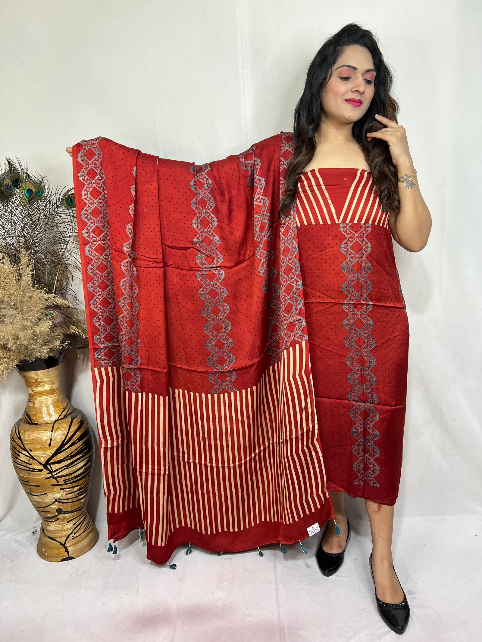 Ajrakh Modal Silk Natural Hand Block Print 2pc  Suit Top And Dupatta (red)