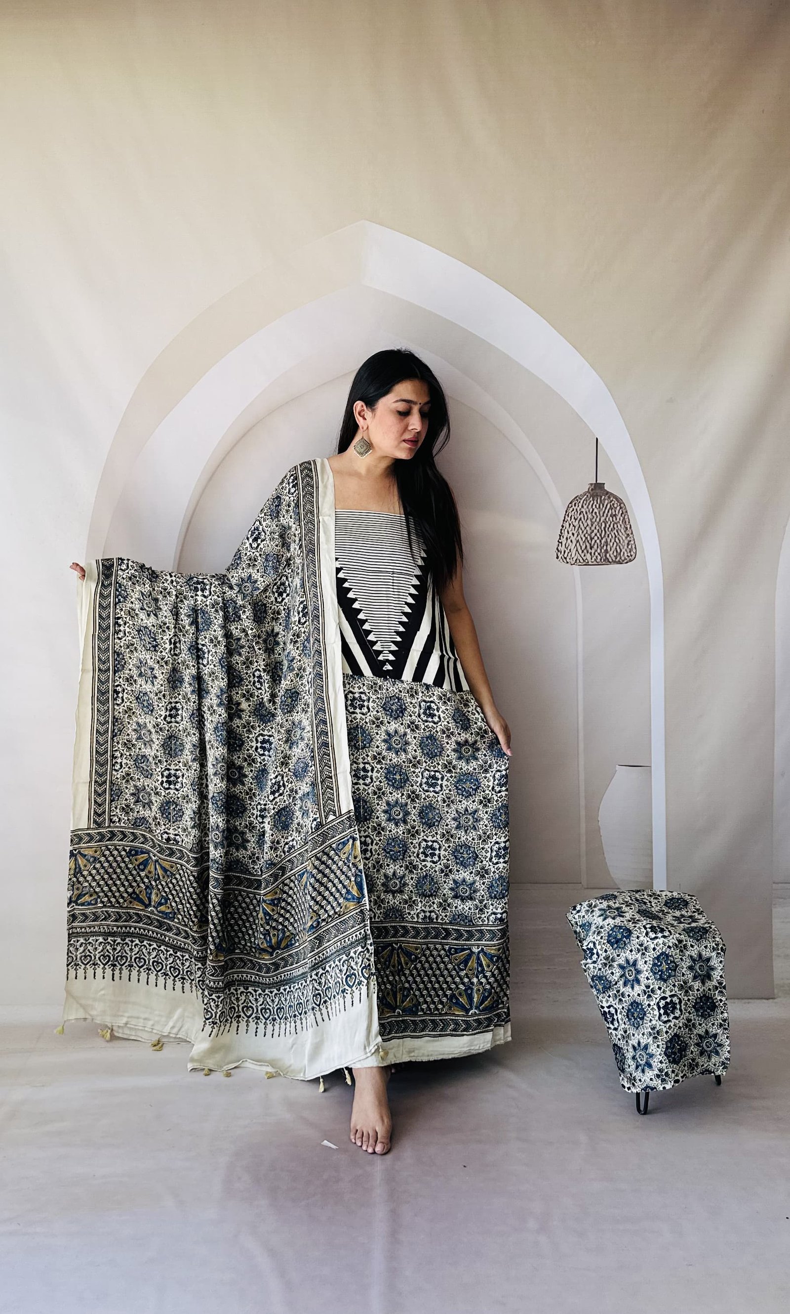 Ajrakh Modal Silk Natural Hand Block Print 3Pcs Suit - Cream 