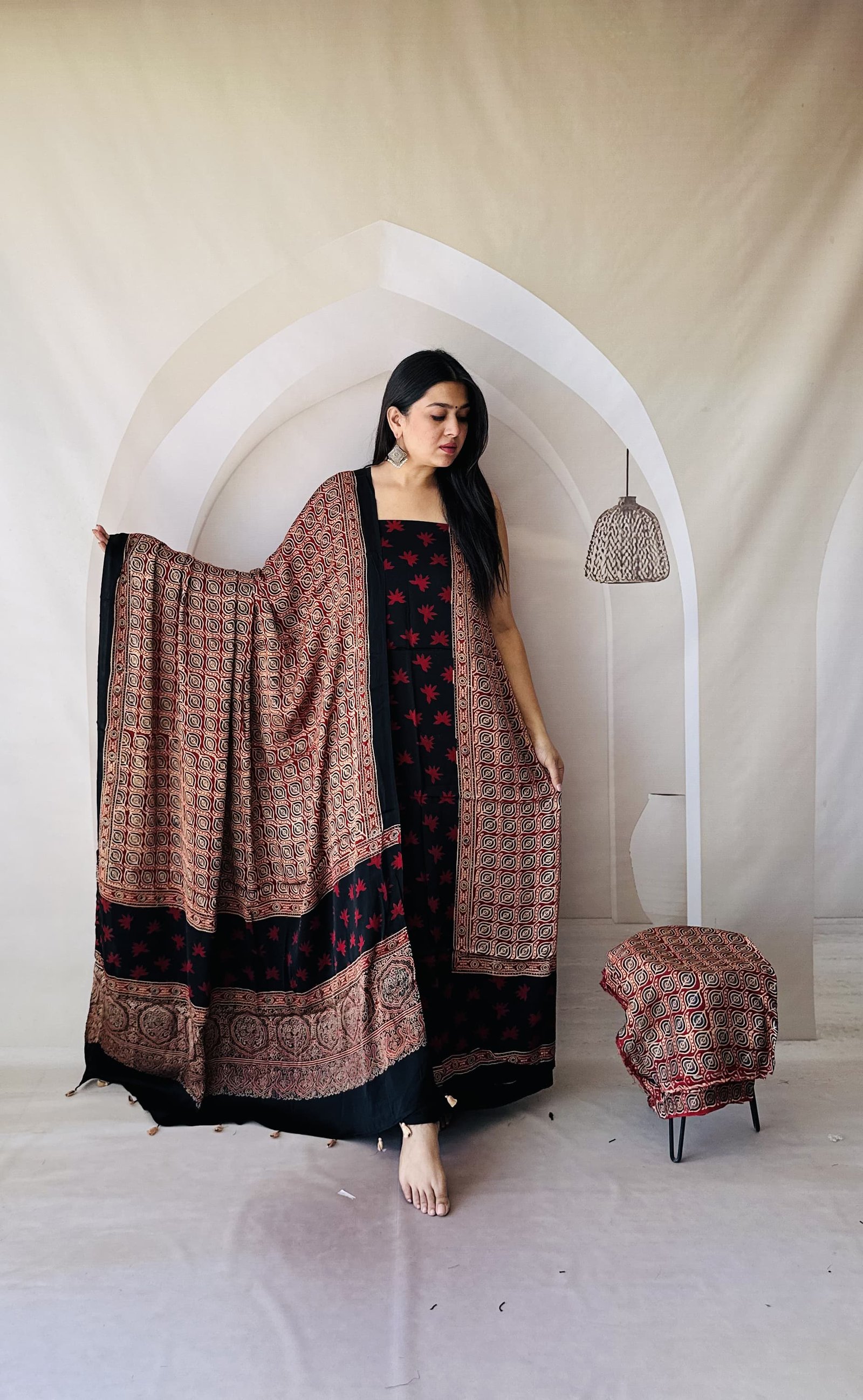 Ajrakh Modal Silk Natural Hand Block Print 3Pcs Suit- Red