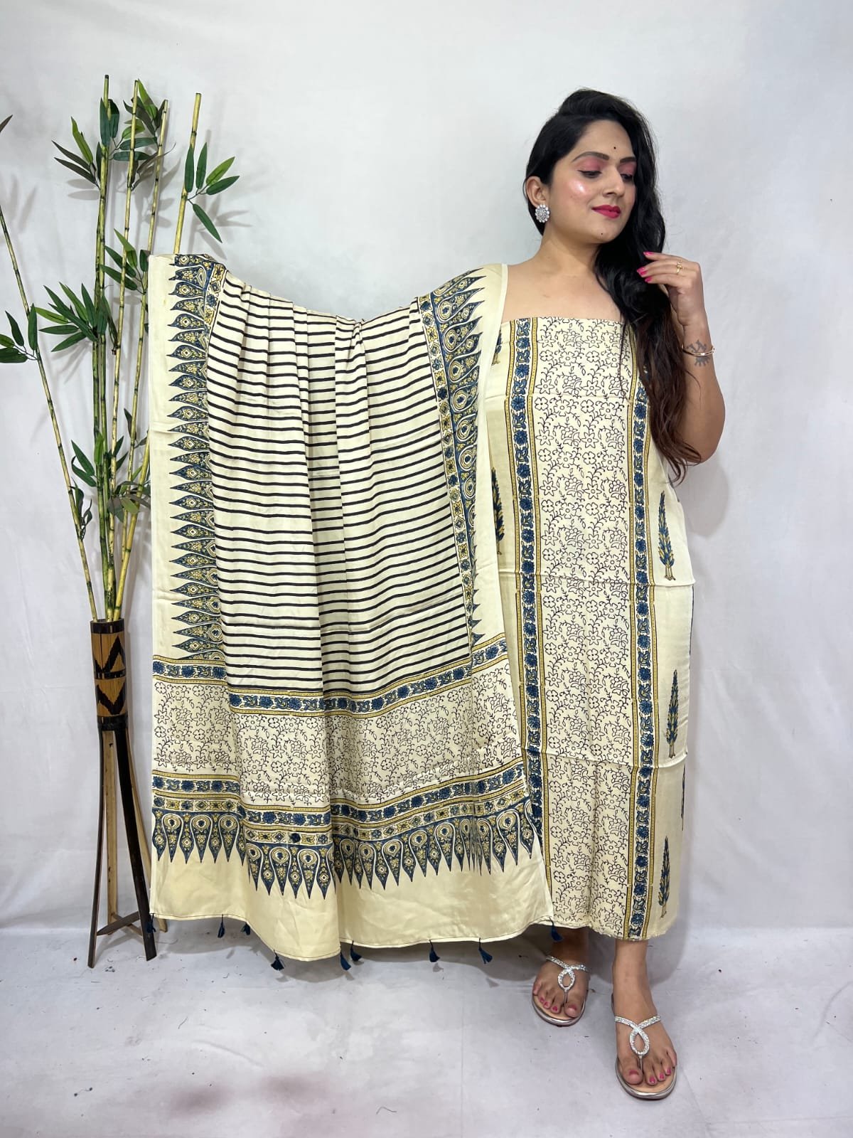 Ajarkh Modal Silk Natural Hand Block Print 2Pcs Suit - Cream 