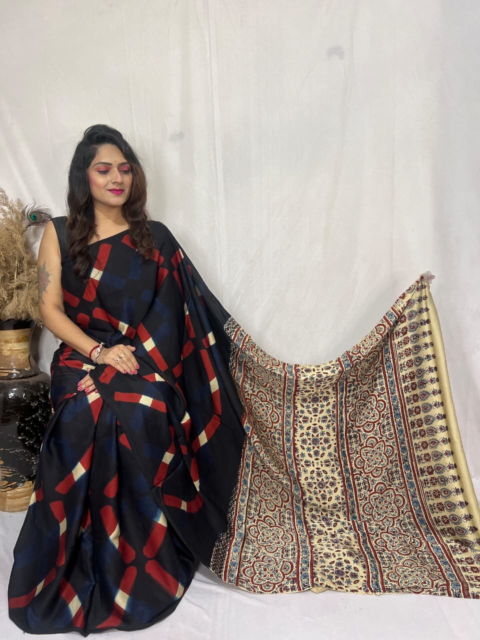 Ajrakh Modal Silk Natural Hand Block Print With clamp daying Saree (Black & cream)