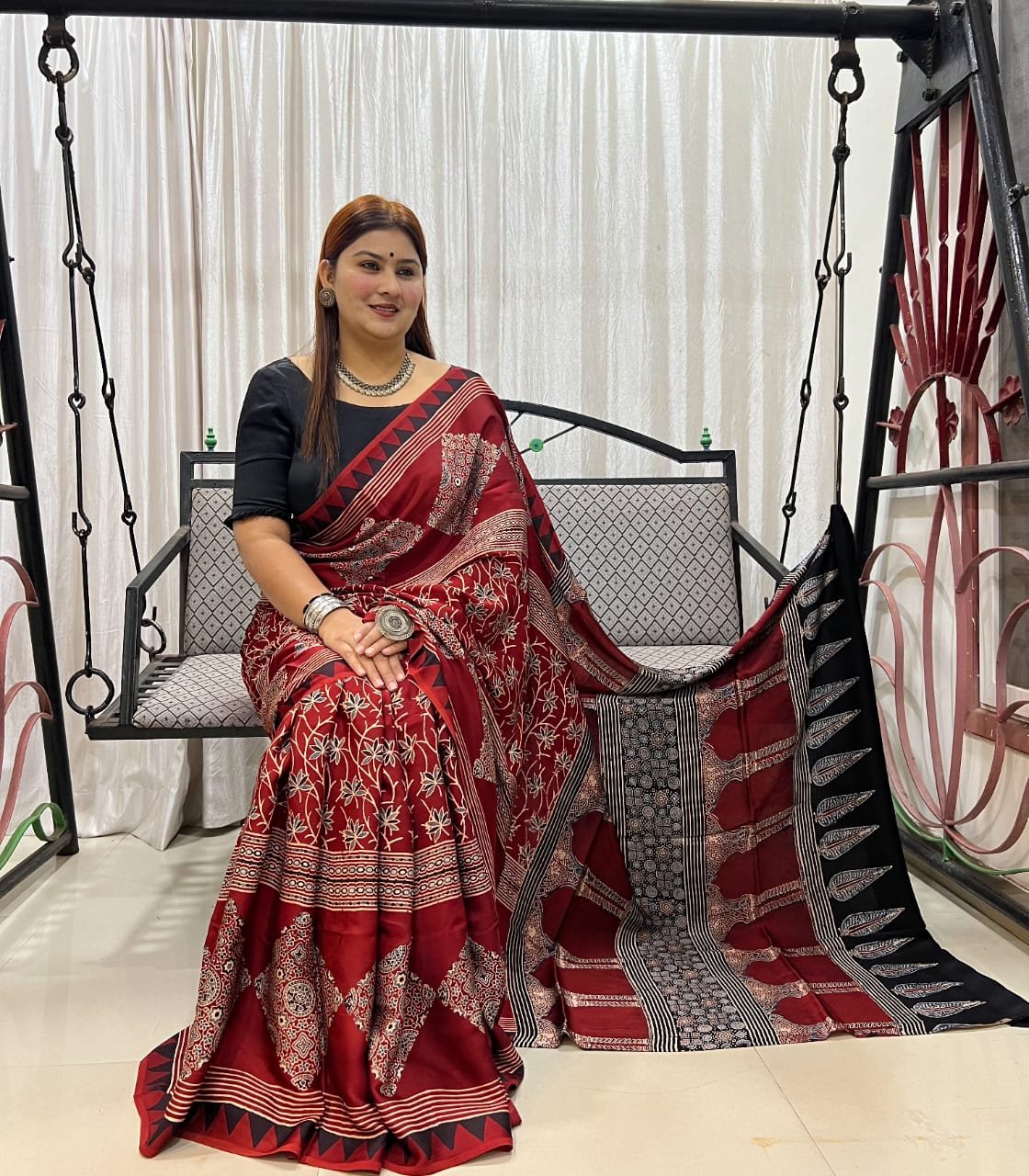 Ajrakh Modal Silk Natural Hand Block Print Saree - Red