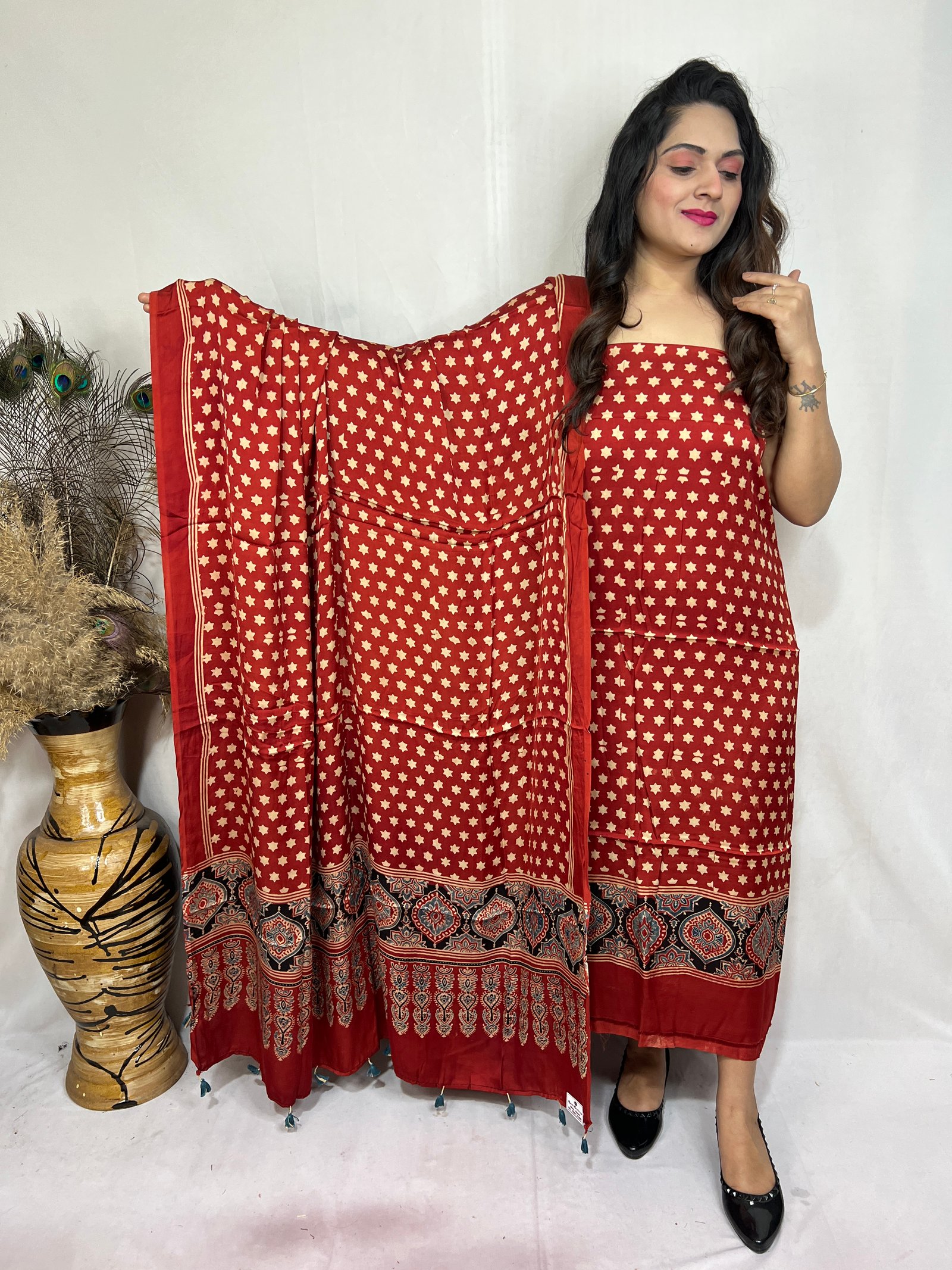 Ajrakh Modal Silk Natural Hand Block Print 2pc Suit Top And Dupatta (red)