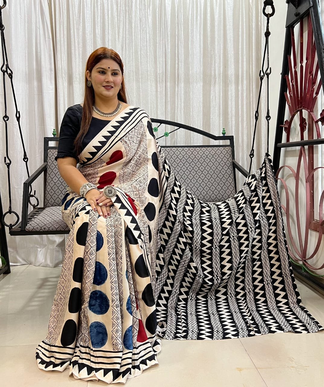 Ajrakh Modal Silk Natural Hand Block Print Saree - Cream