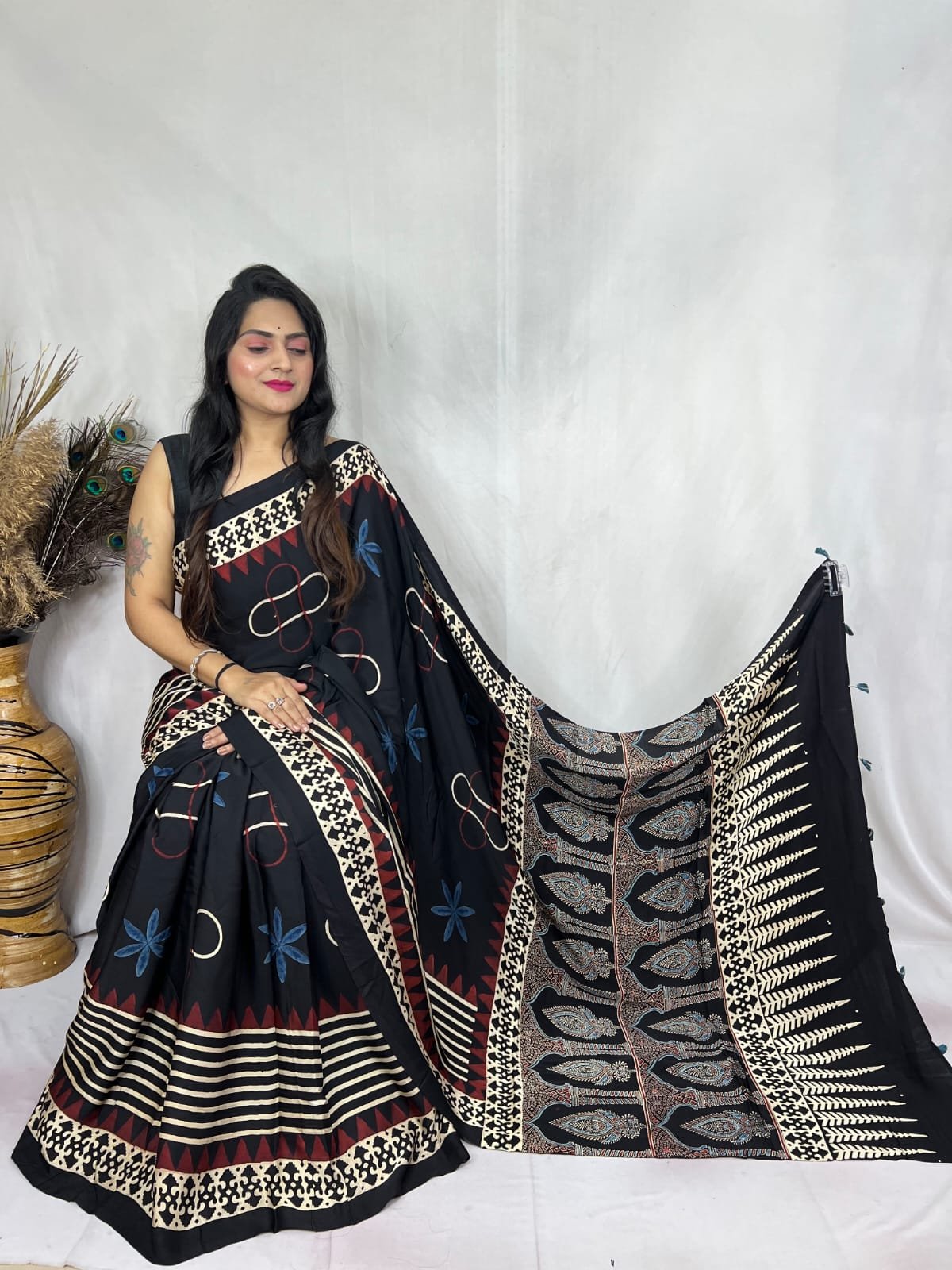 Ajrakh Modal Silk Natural Hand Block Print Saree - Black 