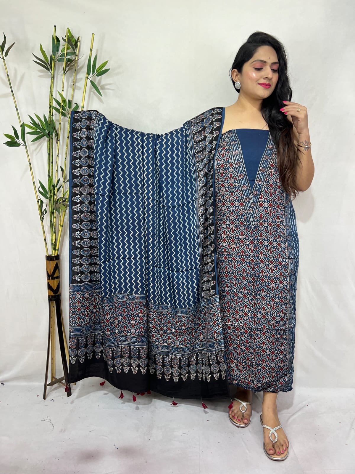 Ajarkh Modal Silk Natural Hand Block Print 2Pcs Suit - Indigo Blue 