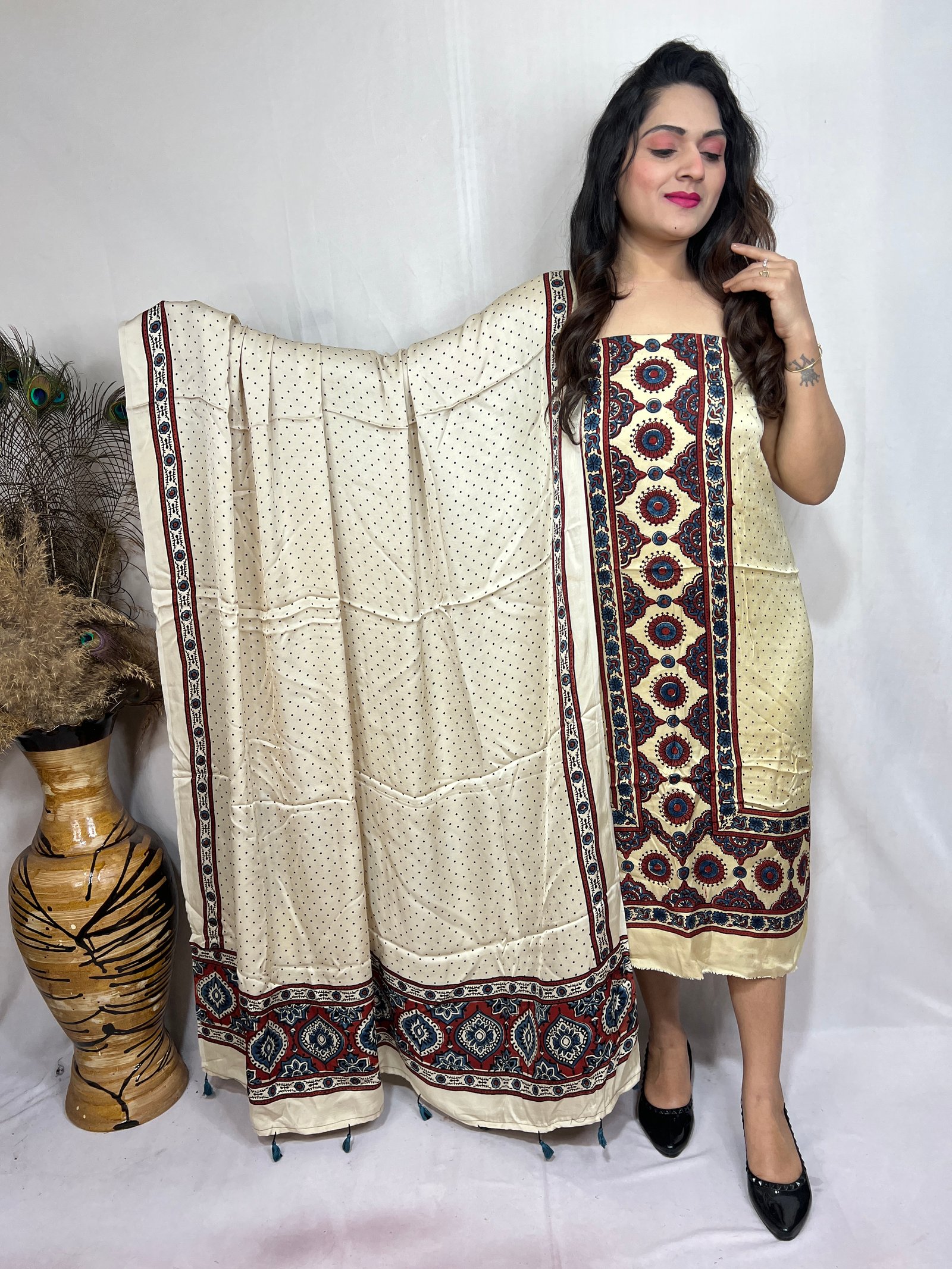 Ajrakh Modal Silk Natural Hand Block Print 2pc Suit Top And Dupatta (cream)