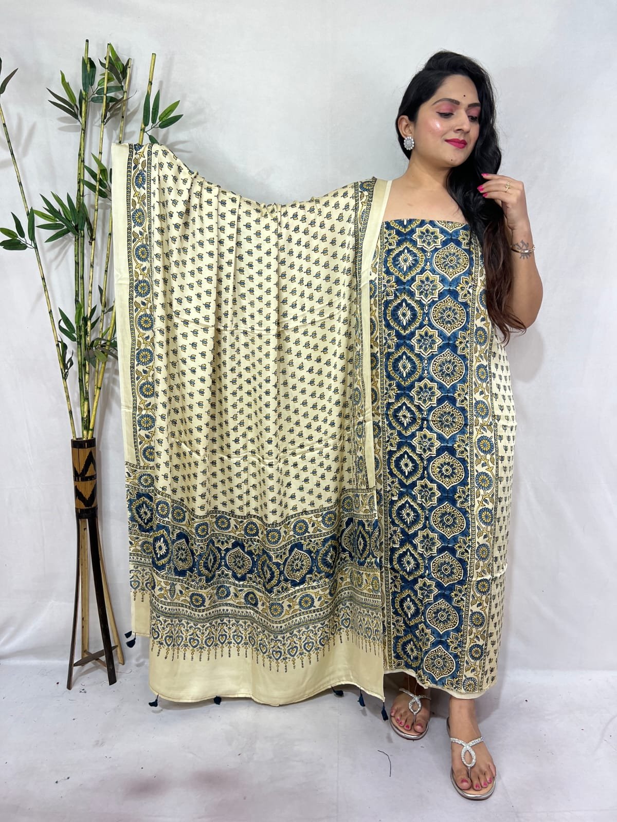 Ajarkh Modal Silk Natural Hand Block Print 2Pcs Suit - Cream 