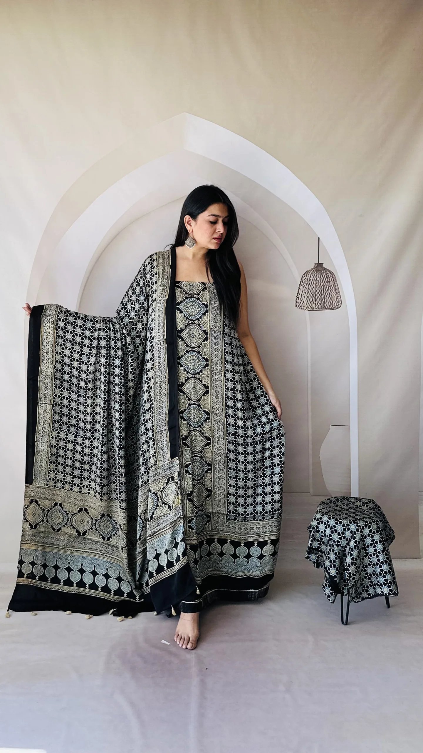 Ajrakh Modal Silk Natural Hand Block Print 3Pcs Suit - Black 