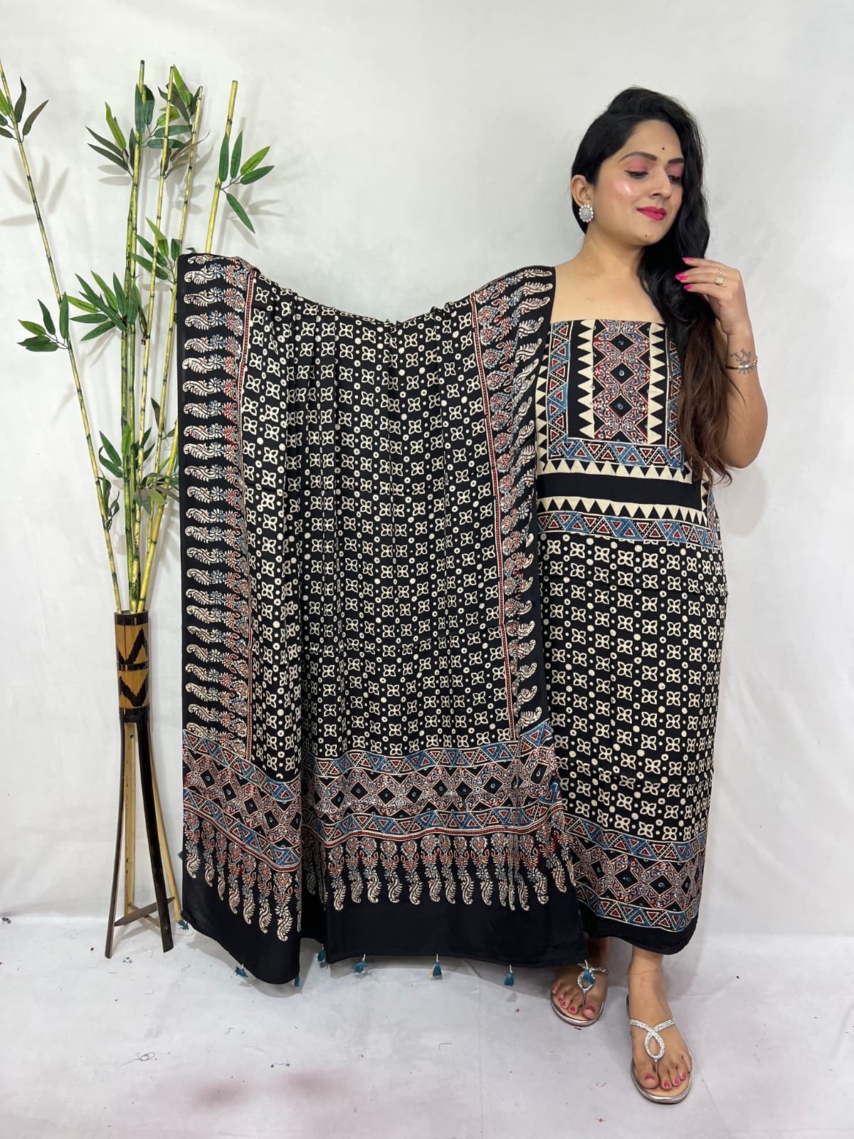 Ajarkh Modal Silk Natural Hand Block Print 2Pcs Suit - Black 
