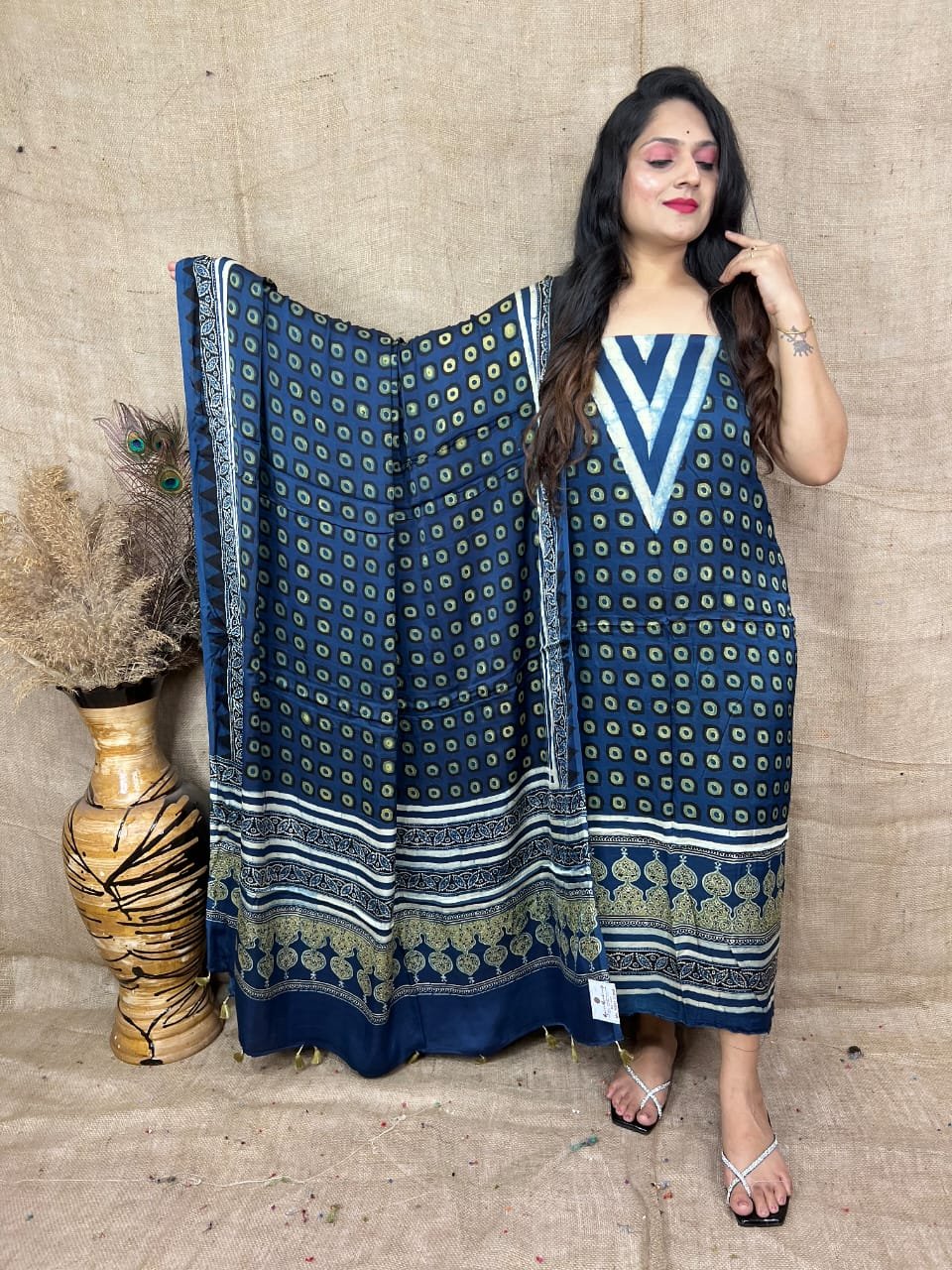 Ajrakh Modal Silk Natural Hand Block Print 2Pcs Suit - Indigo Blue 