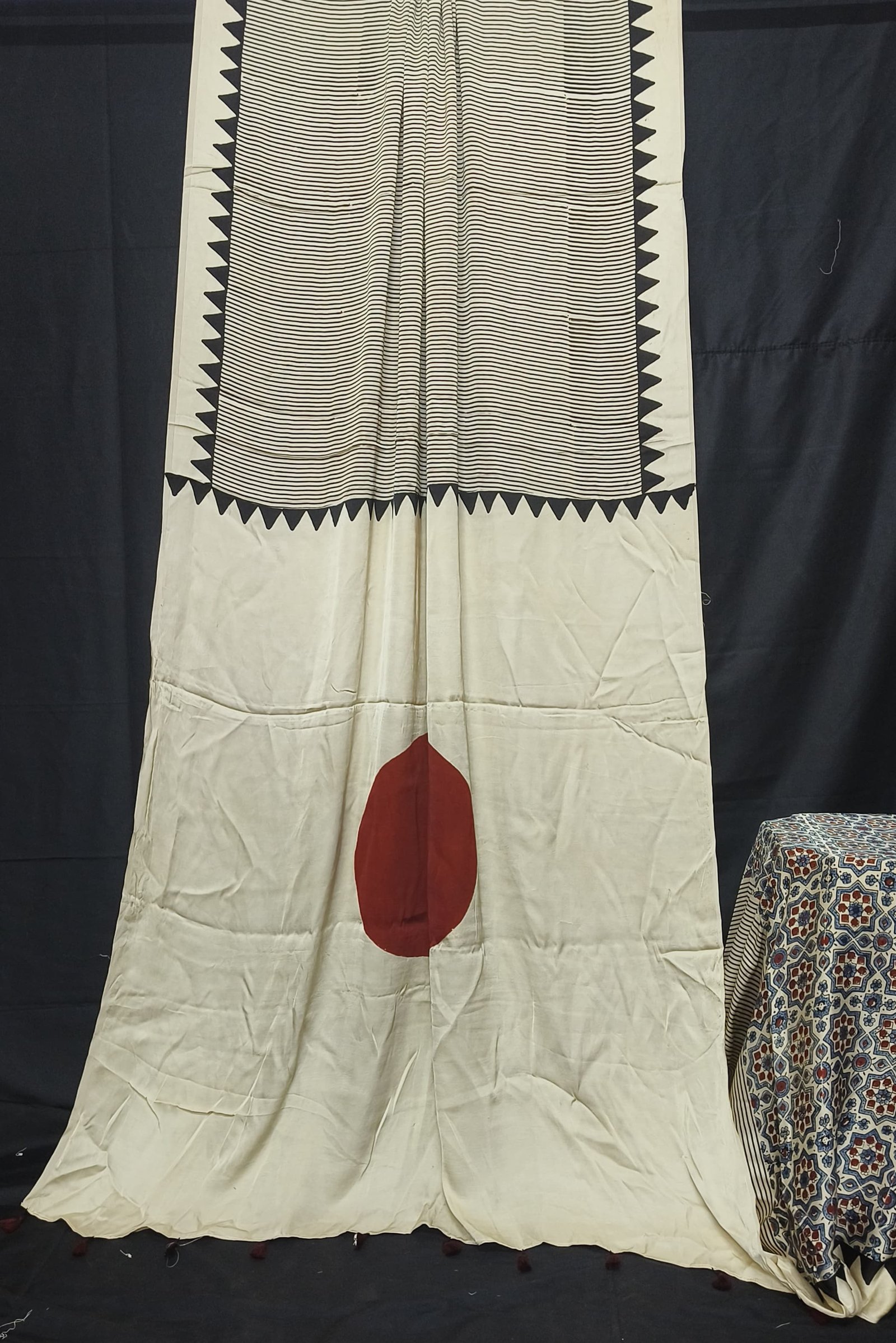 Ajrakh Modal Silk Natural Hand Block Print Saree - cream