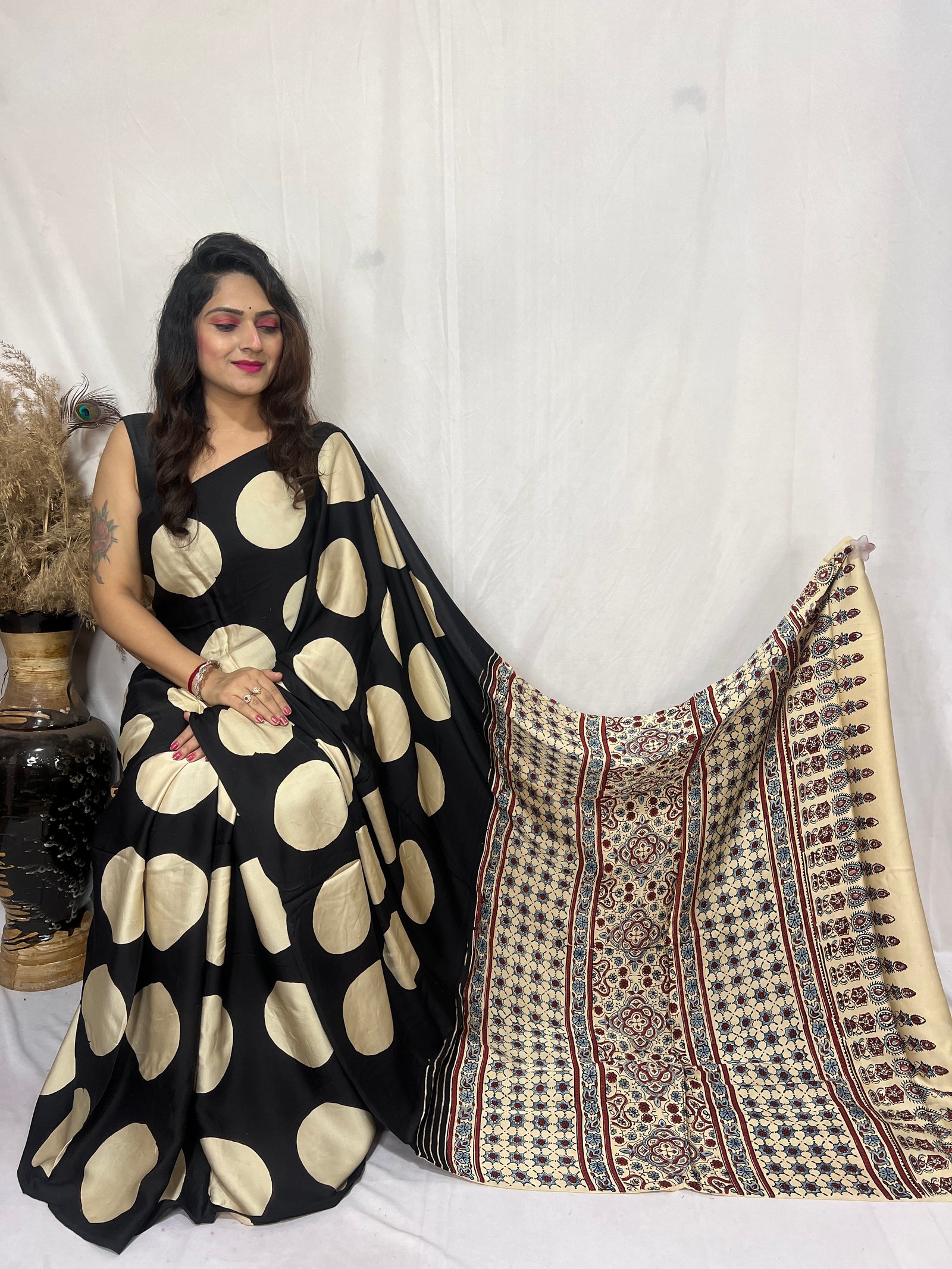 Ajrakh Modal Silk Natural Hand Block Print With clamp daying Saree (cream & black)