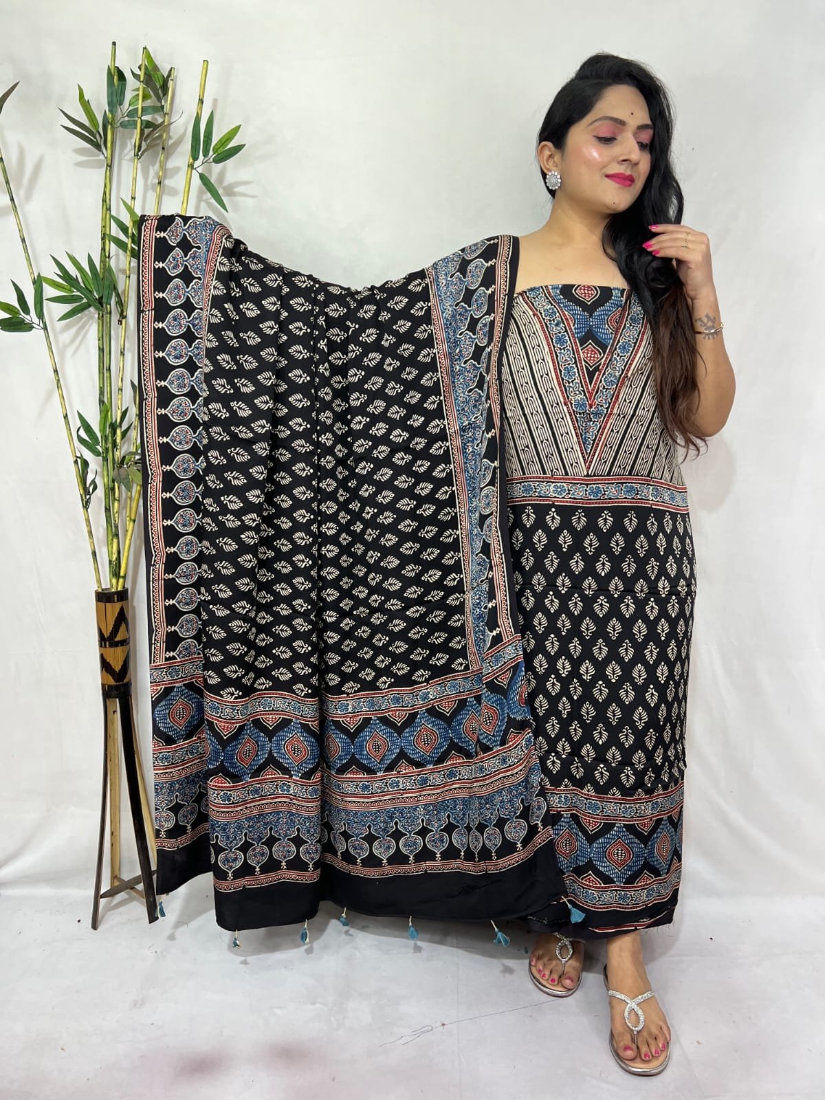 Ajarkh Modal Silk Natural Hand Block Print 2Pcs Suit - Black 