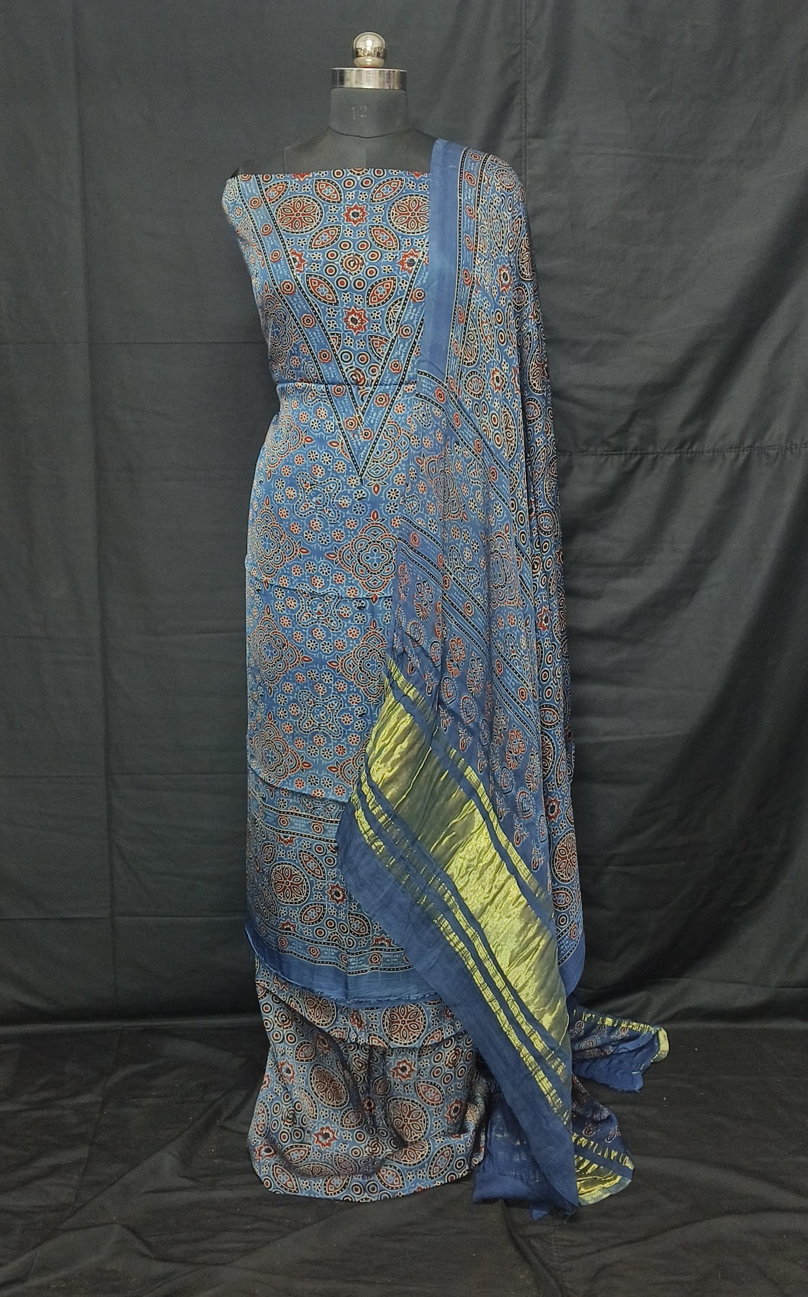 Ajrakh Modal Silk Natural Hand Block Print 3Pcs Suit - Indigo Blue 