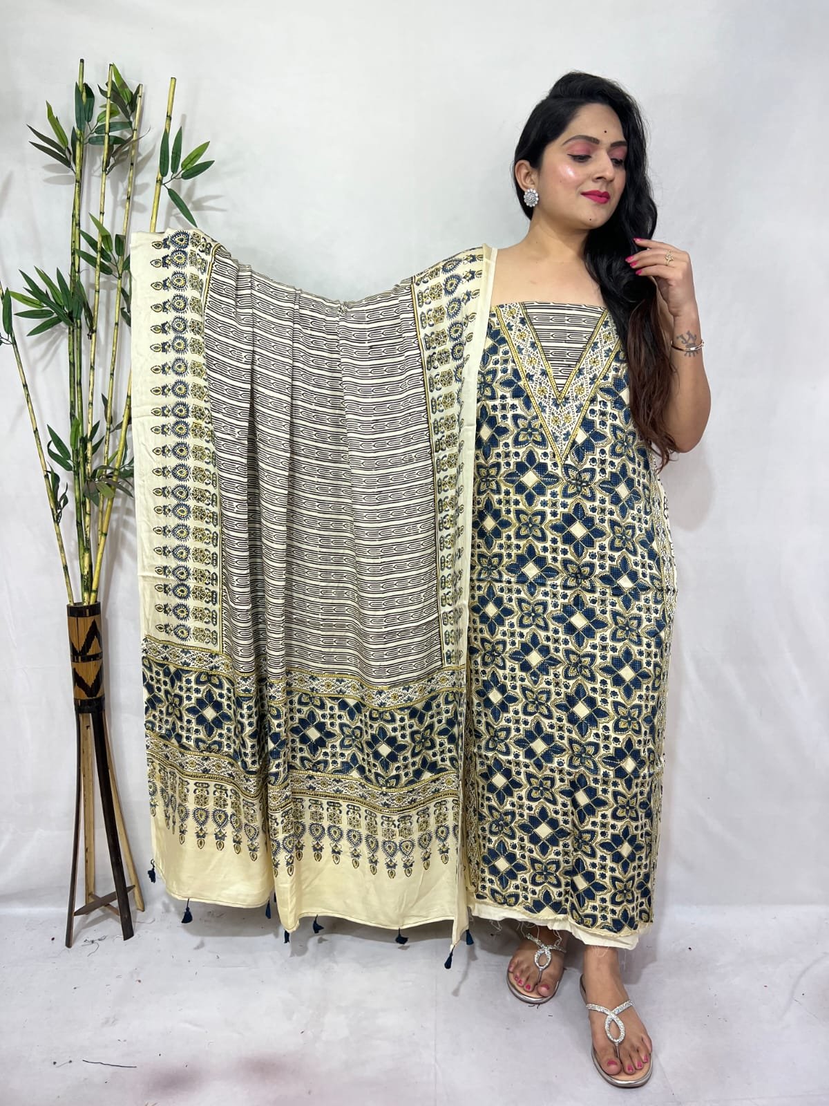 Ajarkh Modal Silk Natural Hand Block Print 2Pcs Suit - Cream 