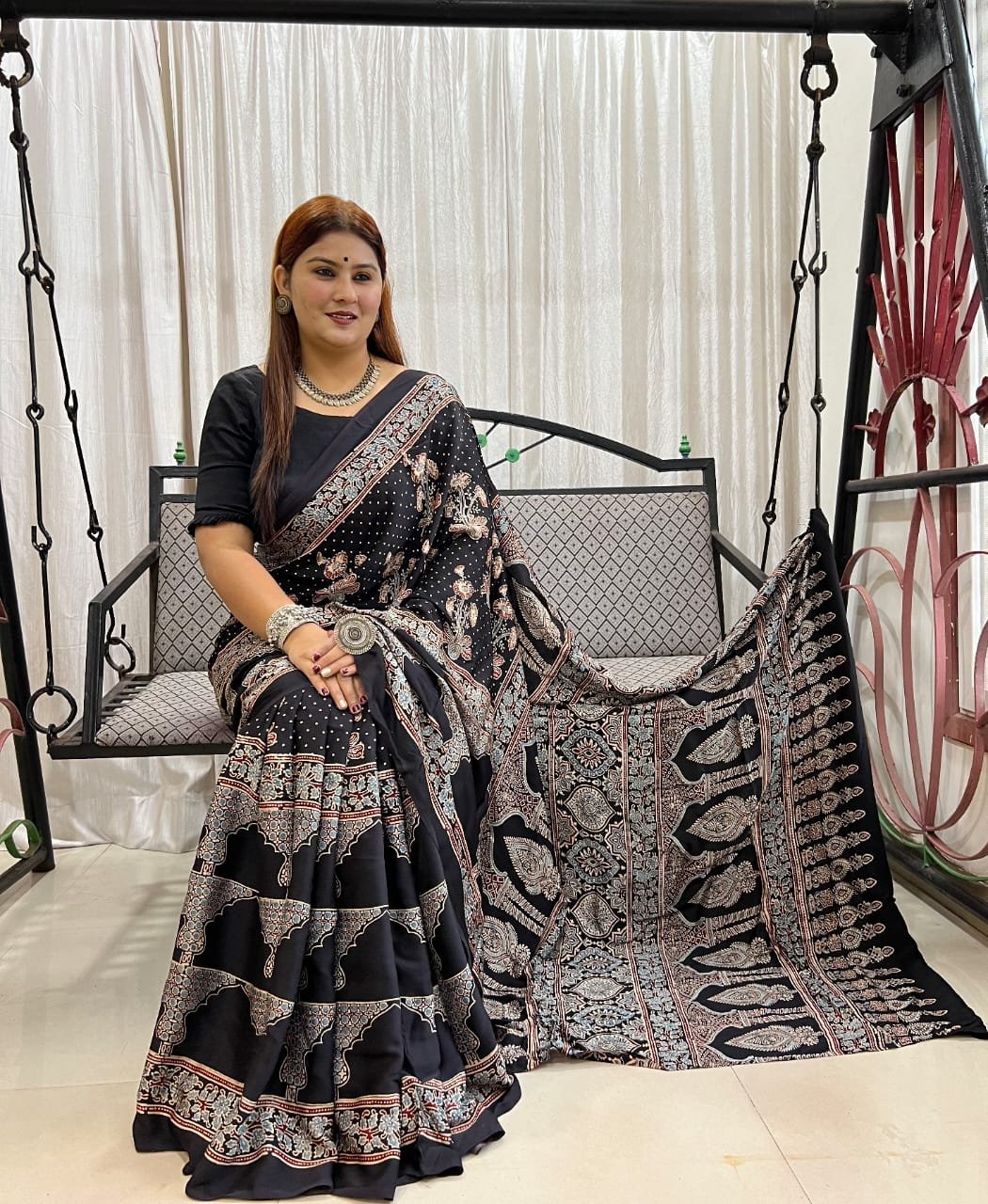 Ajrakh Modal Silk Natural Hand Block Print Saree - Black 