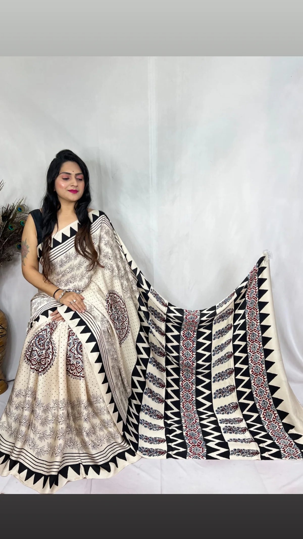Ajrakh Modal Silk Natural Hand Block Print Saree - Cream 