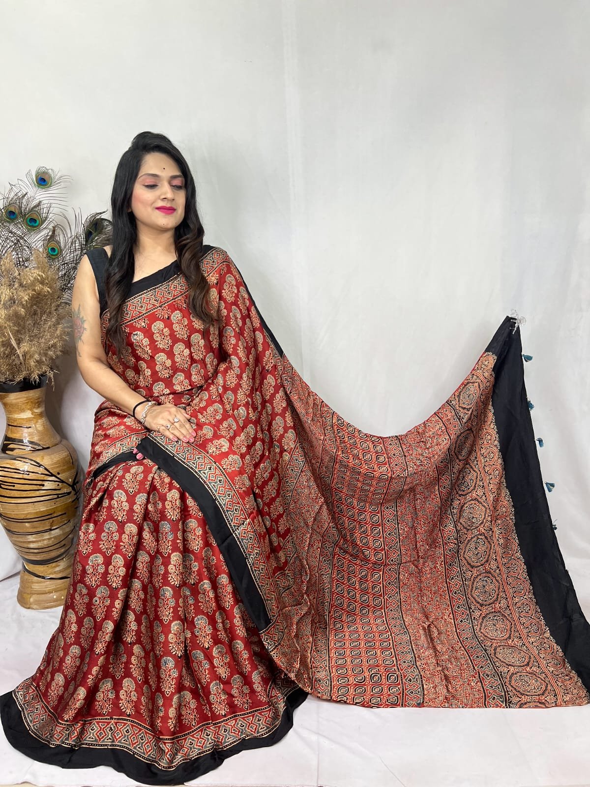 Ajrakh Modal Silk Natural Hand Block Print Saree - Red