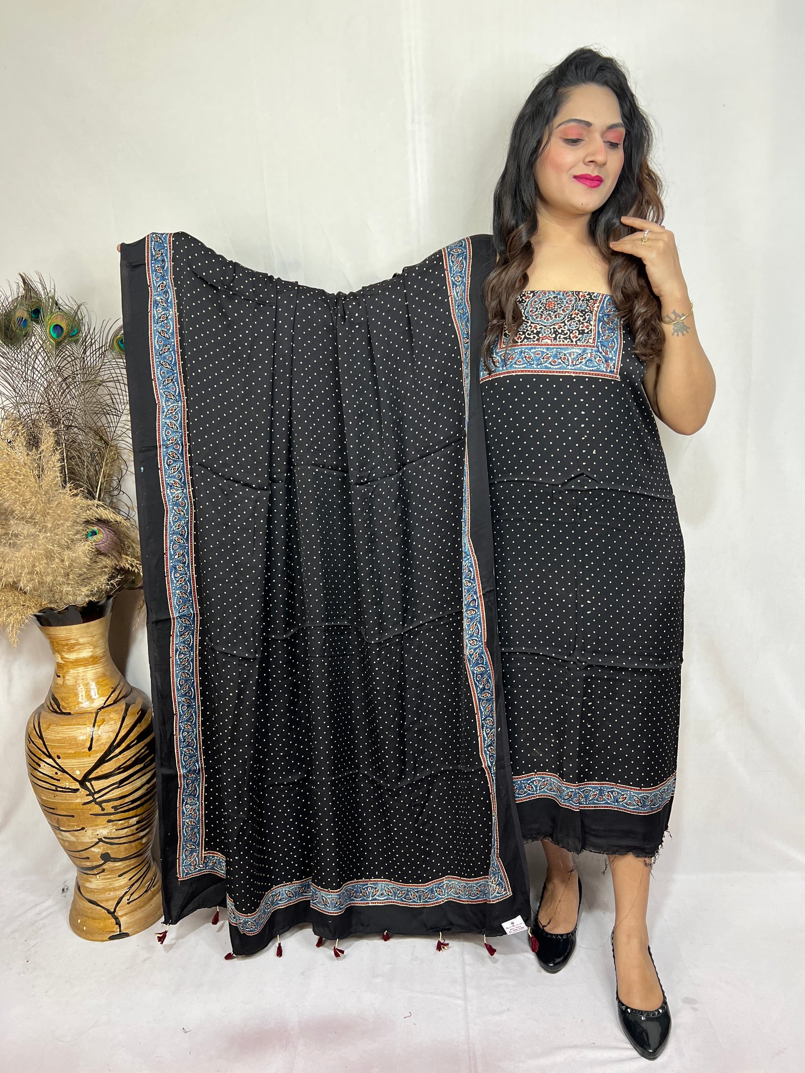 Ajrakh Modal Silk Natural Hand Block Print 2pcSuitTopAndDupatta(Black)