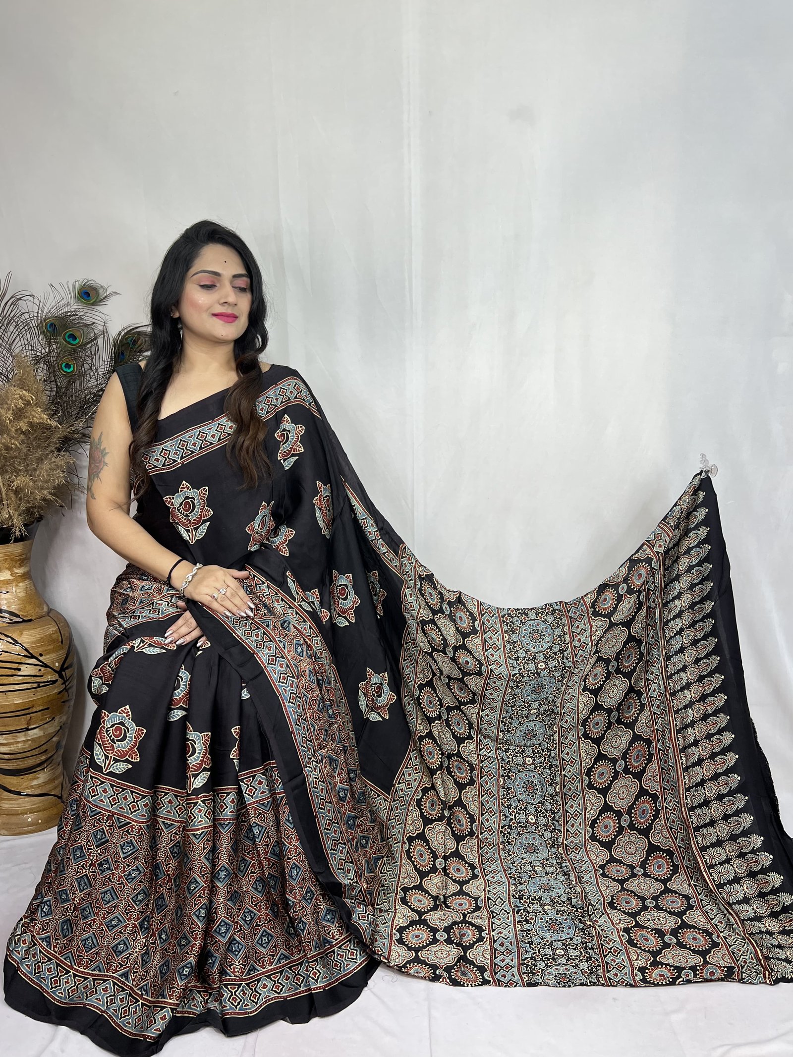 Ajrakh Modal Silk Natural Hand Block Print Saree - Black 