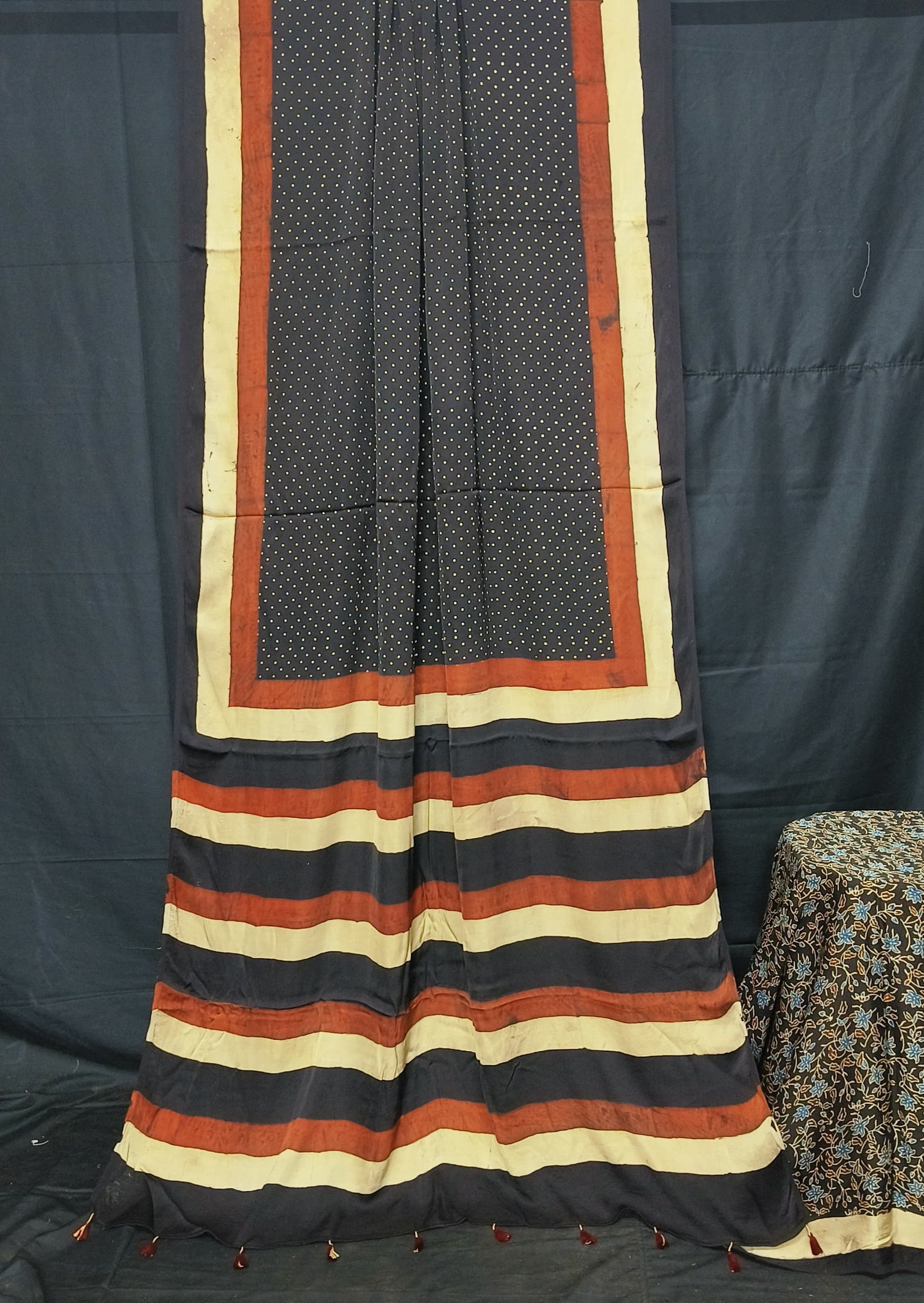 Ajrakh Modal Silk Natural Hand Block Print Saree - Black  