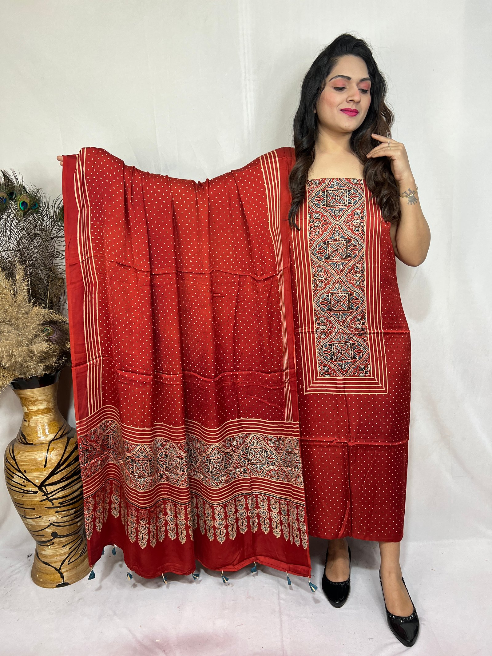 Ajrakh Modal Silk Natural Hand Block Print 2pcSuitTopAndDupatta(red )