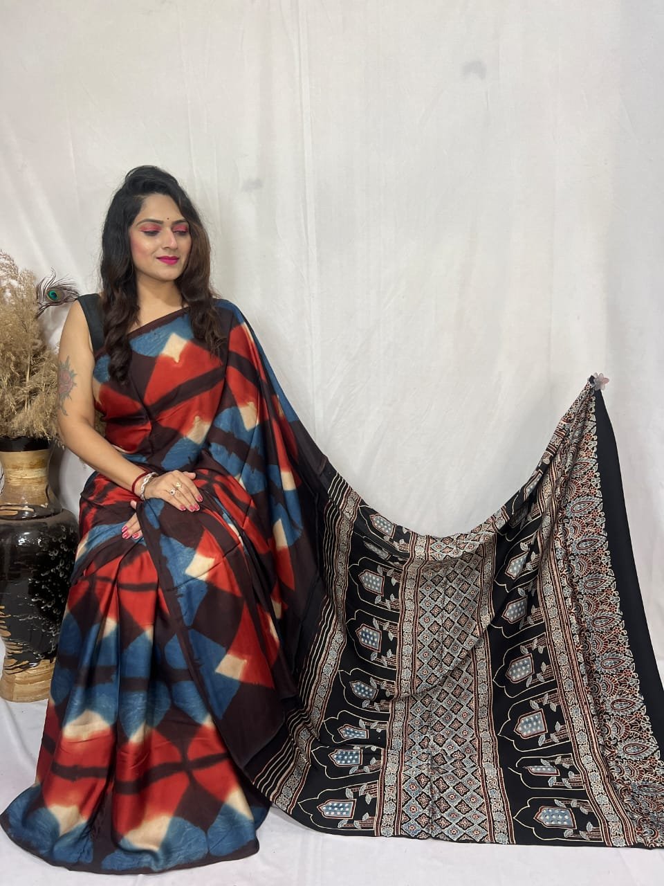 Ajrakh Modal Silk Natural Hand Block Print With clamp daying Saree (Black red)