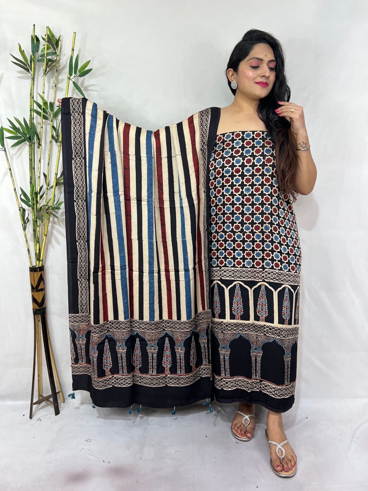 Ajarkh Modal Silk Natural Hand Block Print 2Pcs Suit - Black 