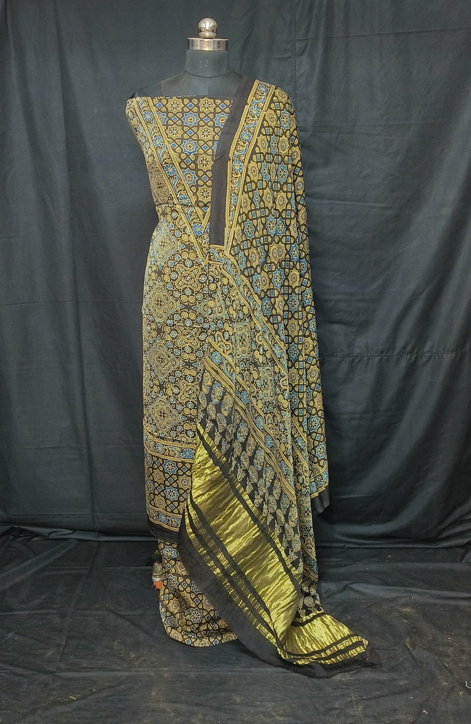 Ajrakh Modal Silk Natural Hand Block Print 3Pcs Suit - Black 