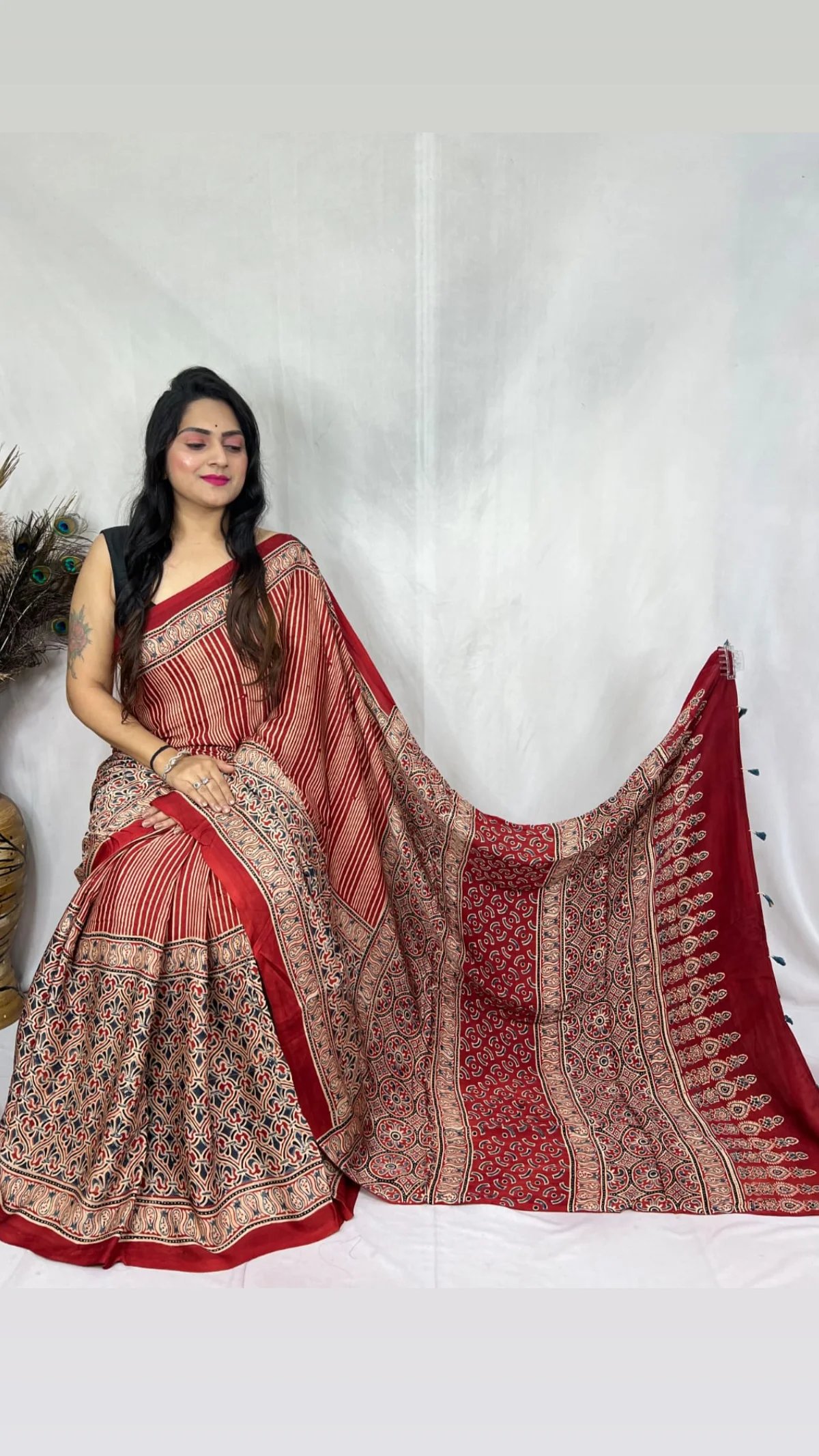 Ajrakh Modal Silk Natural Hand Block Print Saree - Red