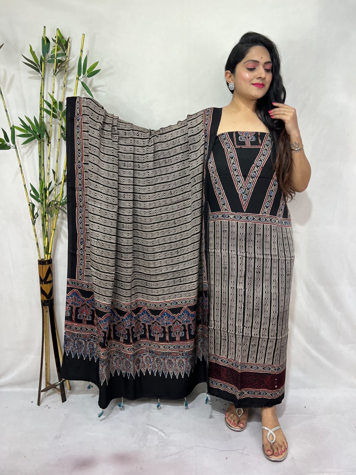 Ajarkh Modal Silk Natural Hand Block Print 2Pcs Suit - Black 