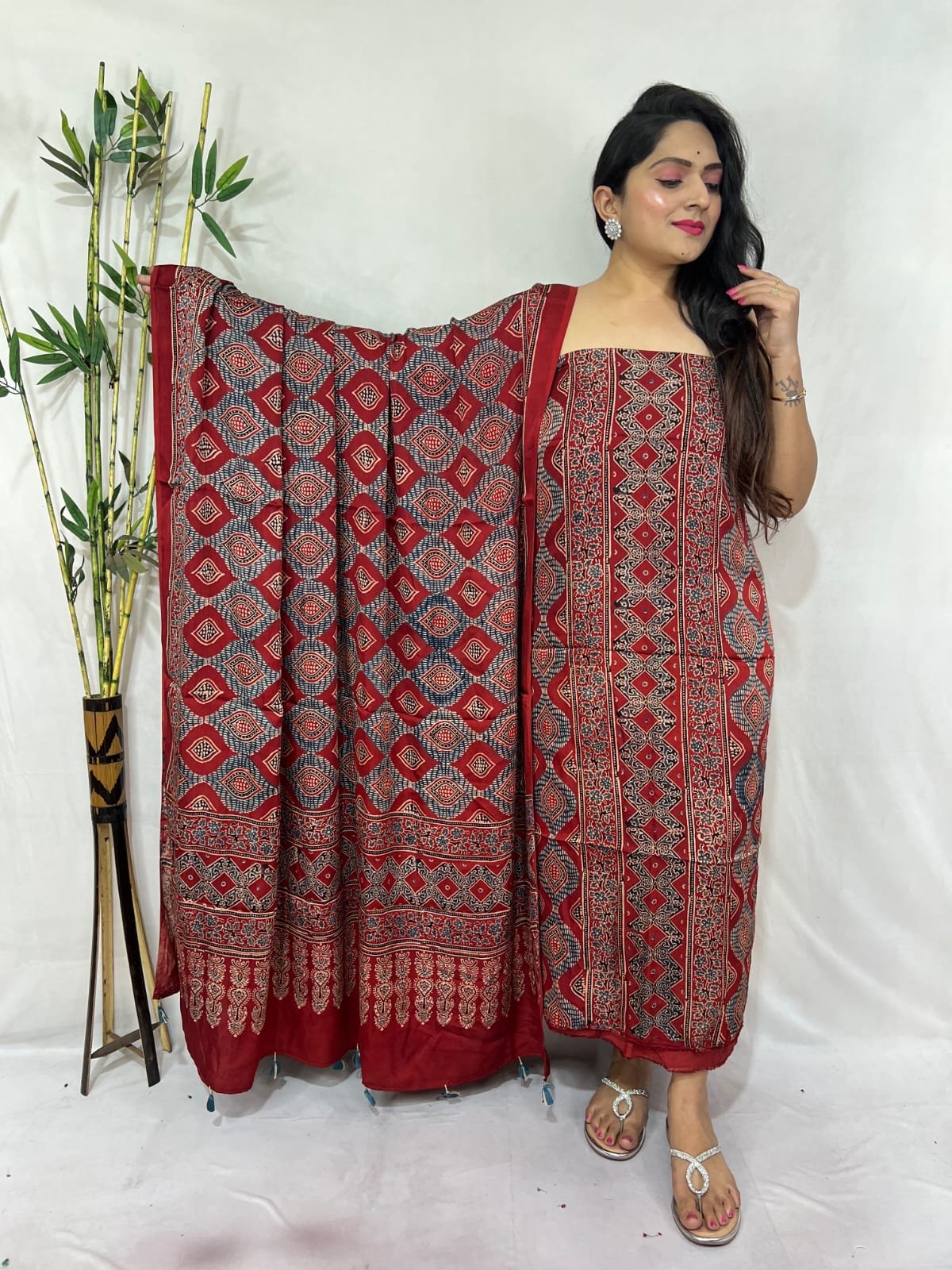 Ajarkh Modal Silk Natural Hand Block Print 2Pcs Suit - Red