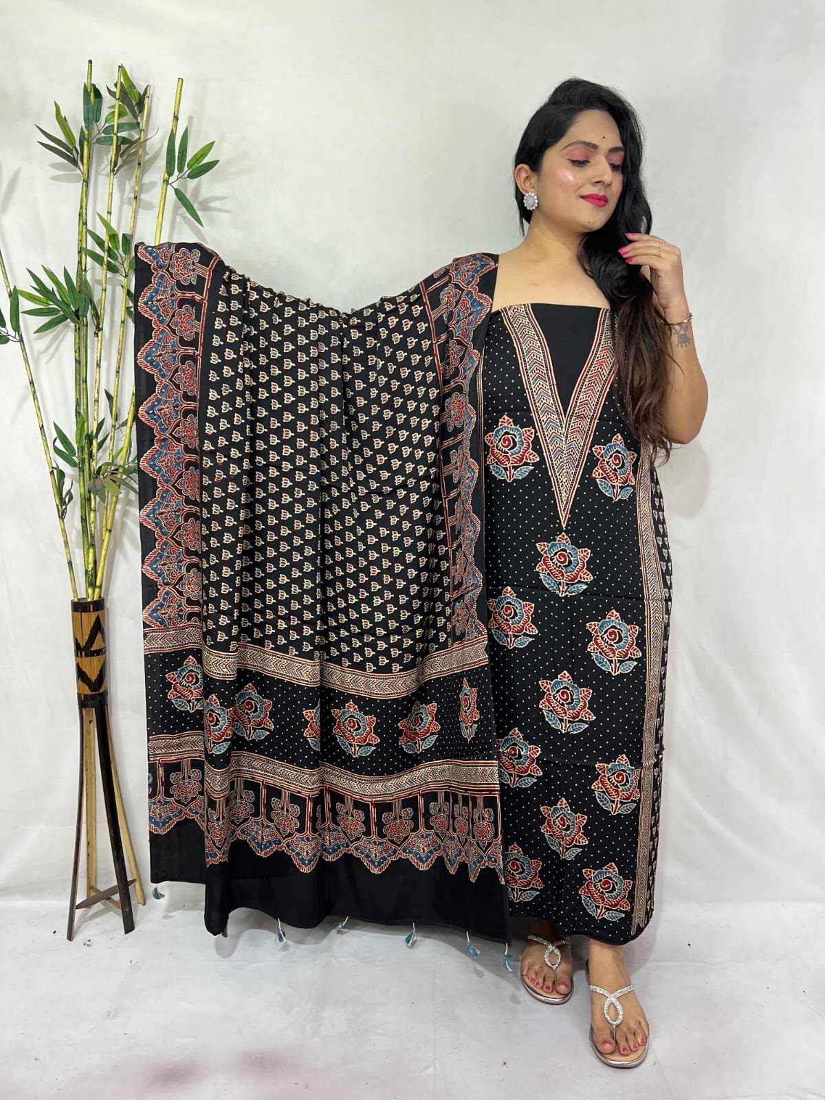 Ajarkh Modal Silk Natural Hand Block Print 2Pcs Suit - Black 
