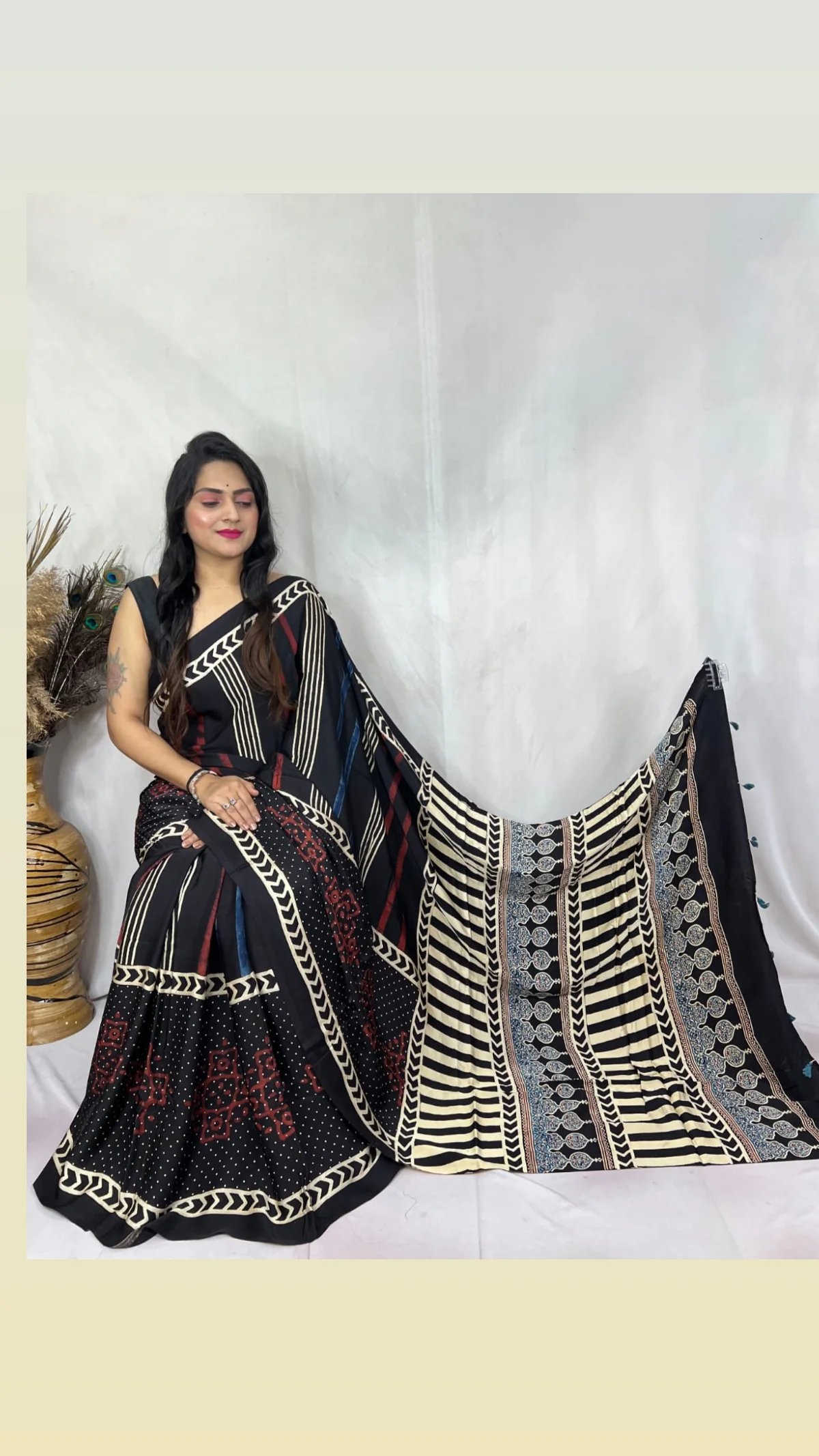 Ajrakh Modal Silk Natural Hand Block Print Saree - Black 