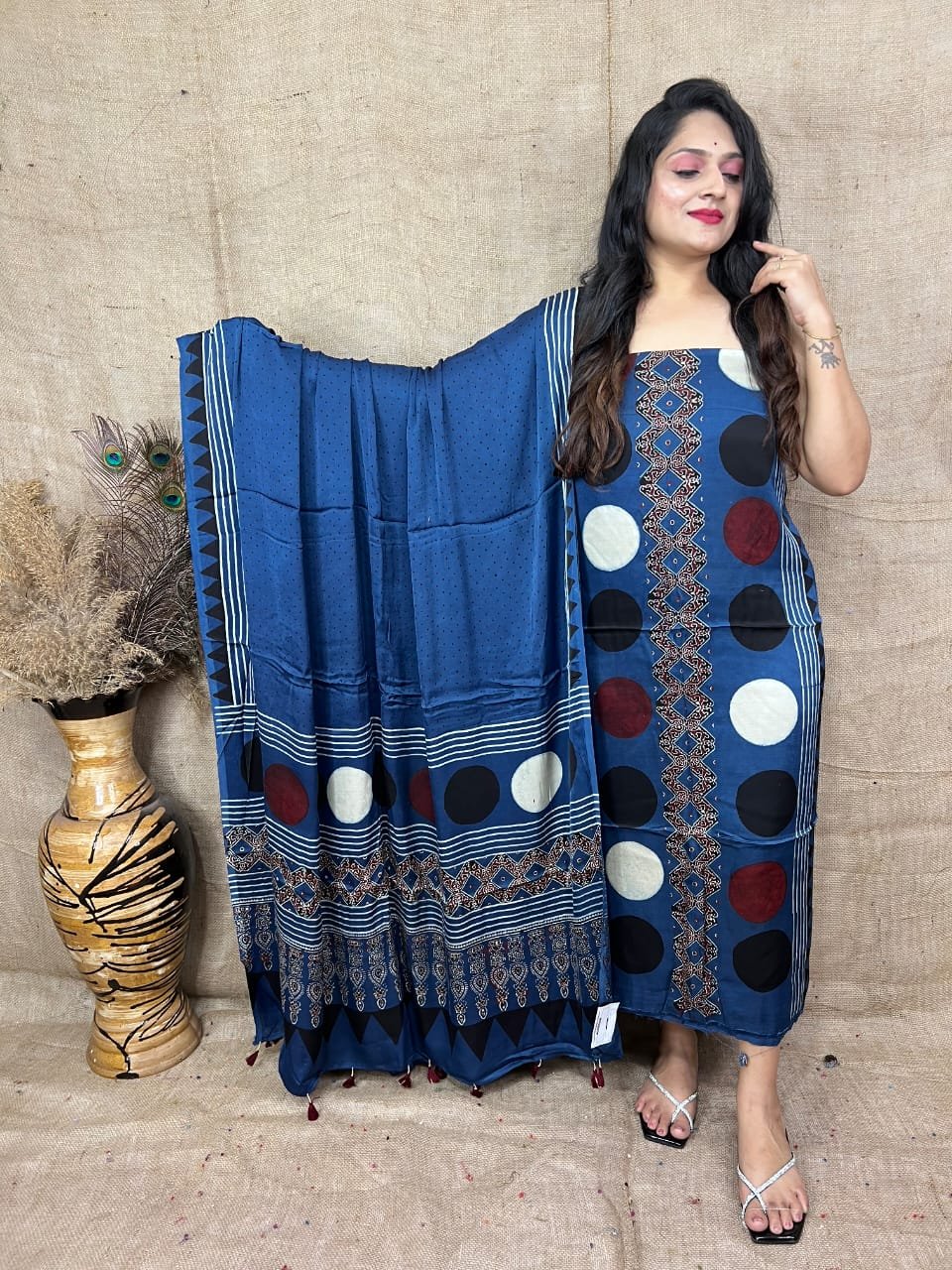 Ajrakh Modal Silk Natural Hand Block Print 2Pcs Suit - Blue 