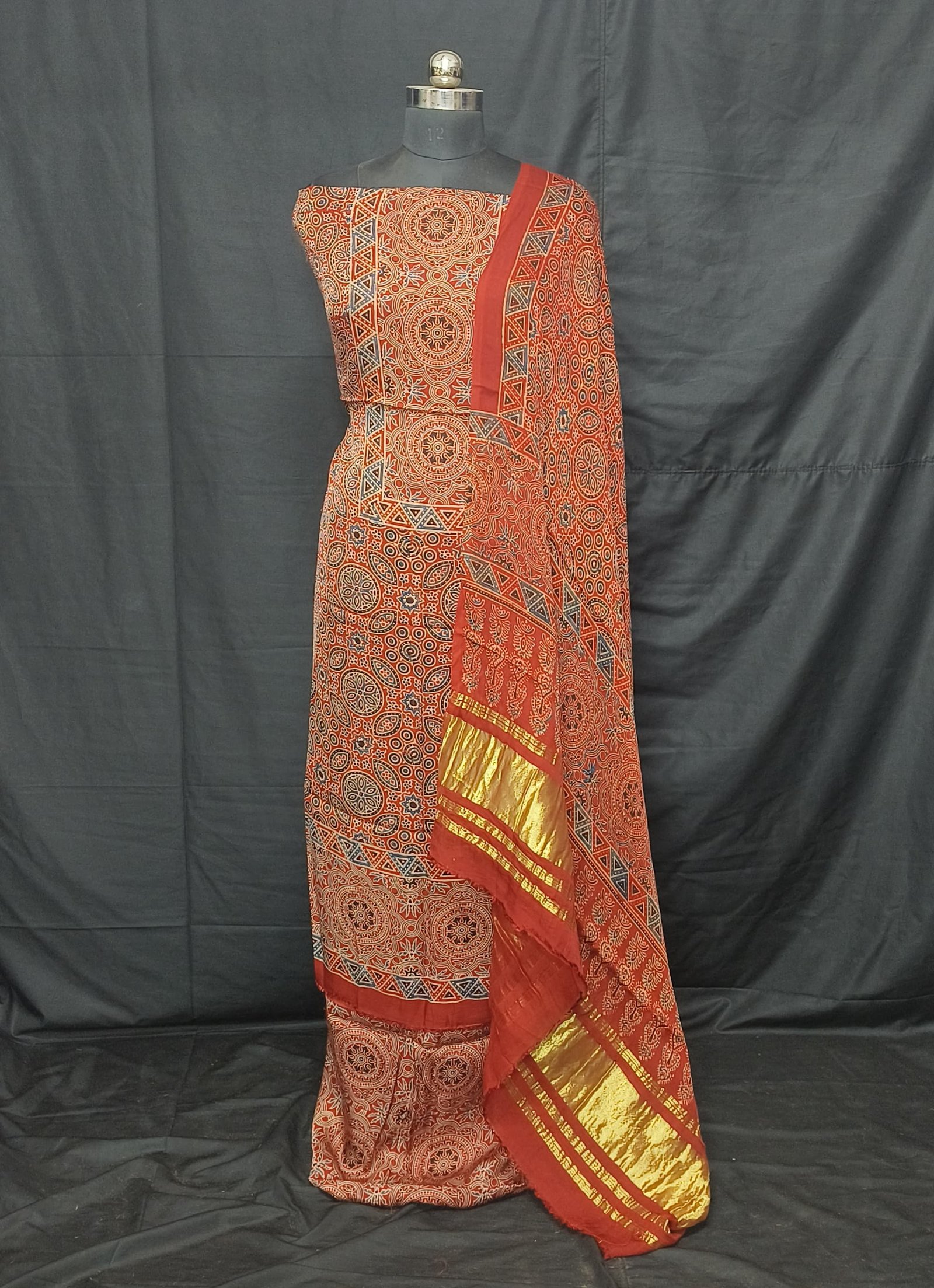 Ajrakh Modal Silk Natural Hand Block Print 3Pcs Suit - Red 