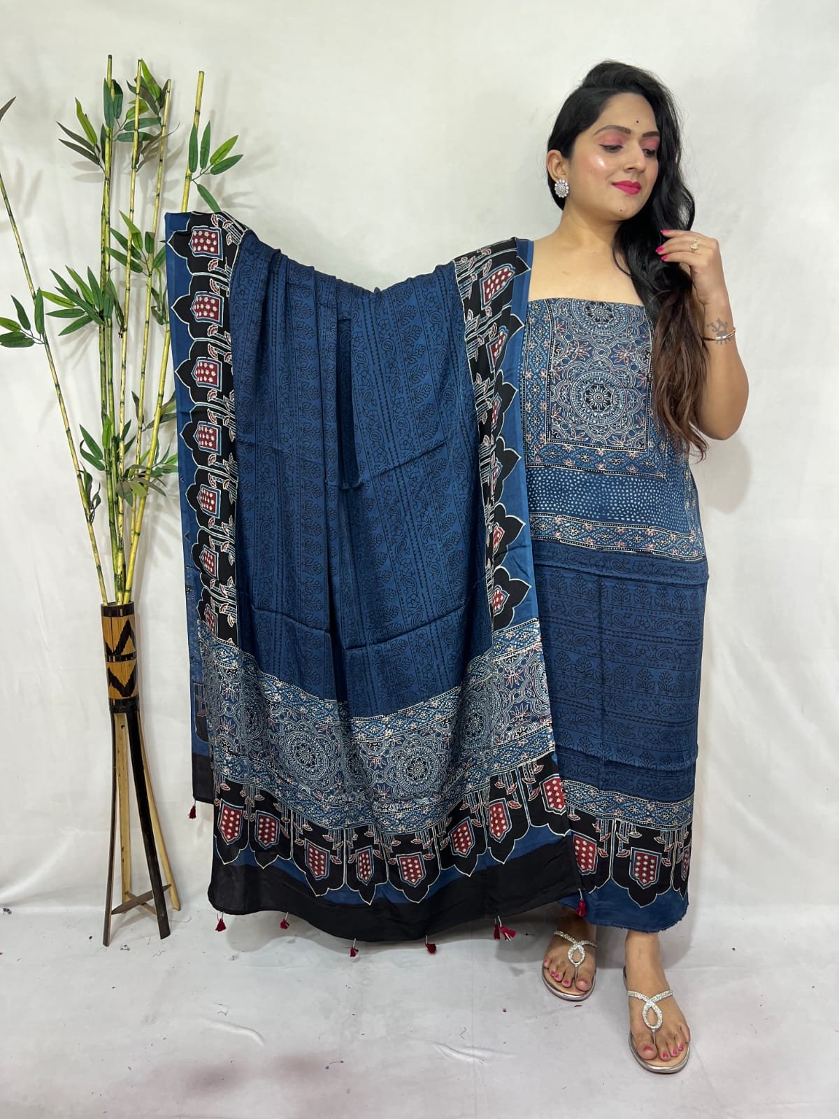Ajarkh Modal Silk Natural Hand Block Print 2Pcs Suit - Indigo Blue 