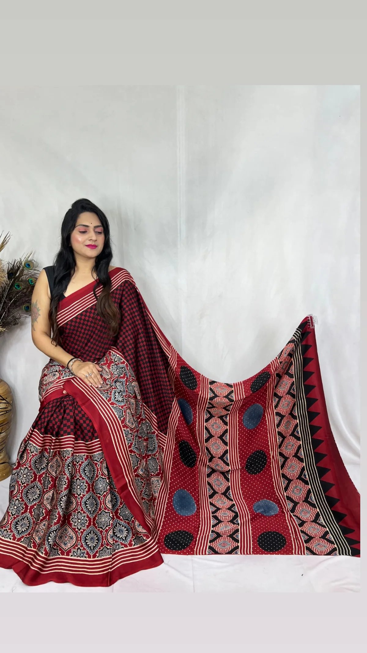 Ajrakh Modal Silk Natural Hand Block Print Saree - Red