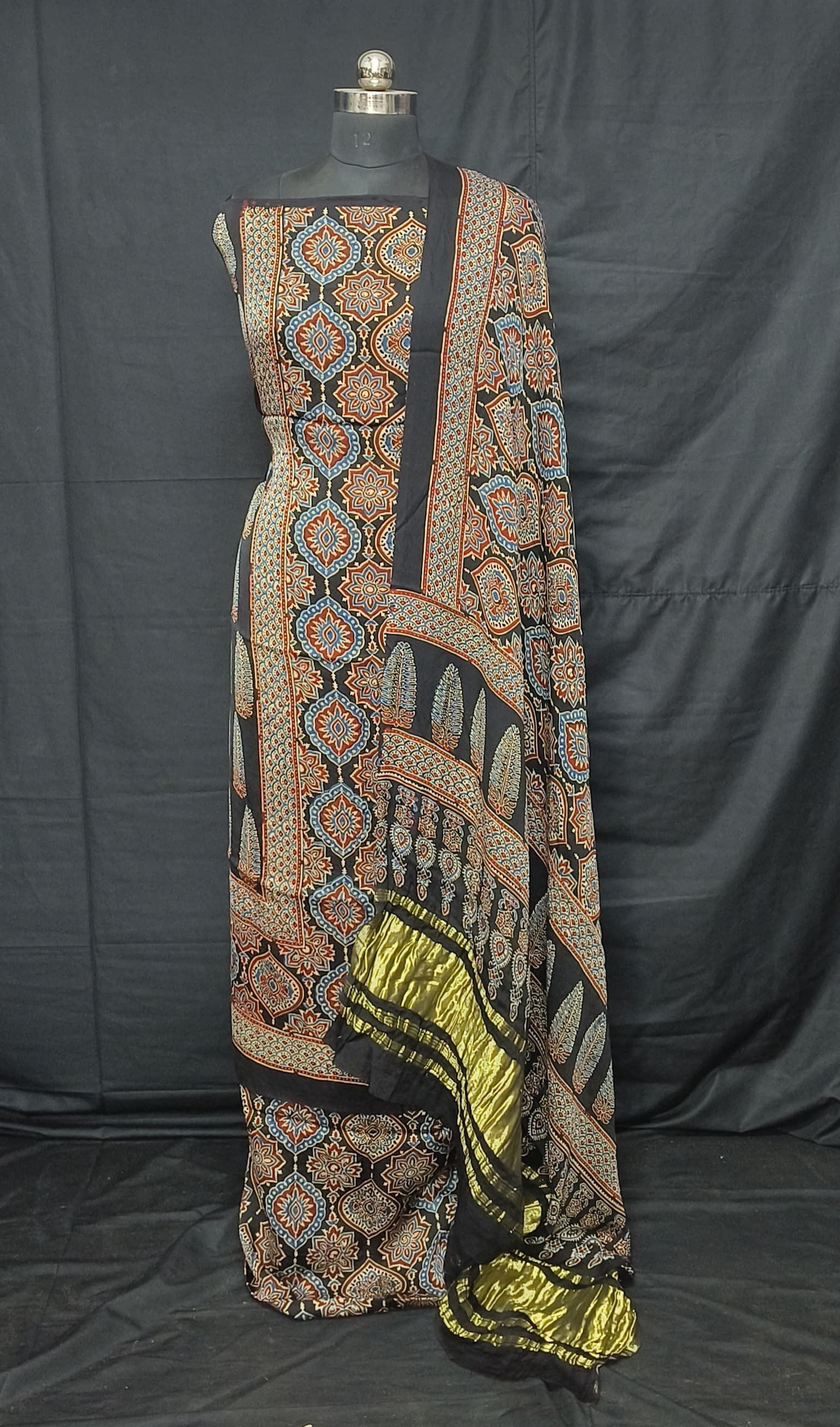 Ajrakh Modal Silk Natural Hand Block Print 3Pcs Suit - Black 