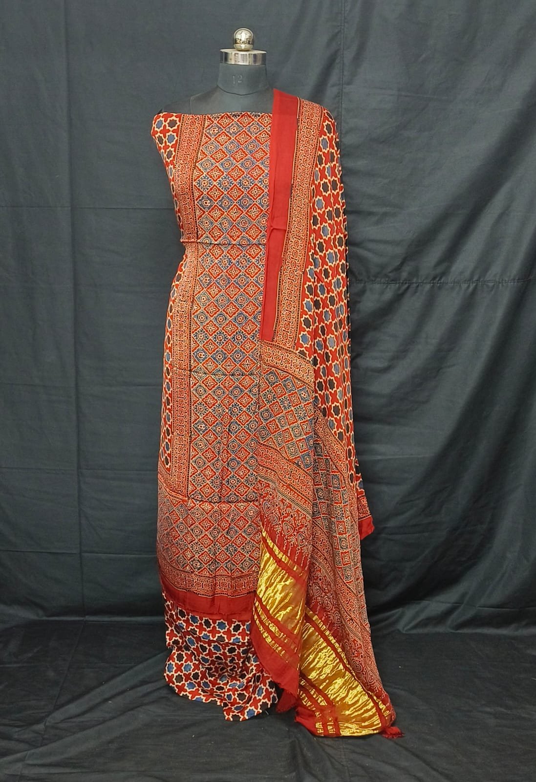 Ajrakh Modal Silk Natural Hand Block Print 3Pcs Suit - Red 