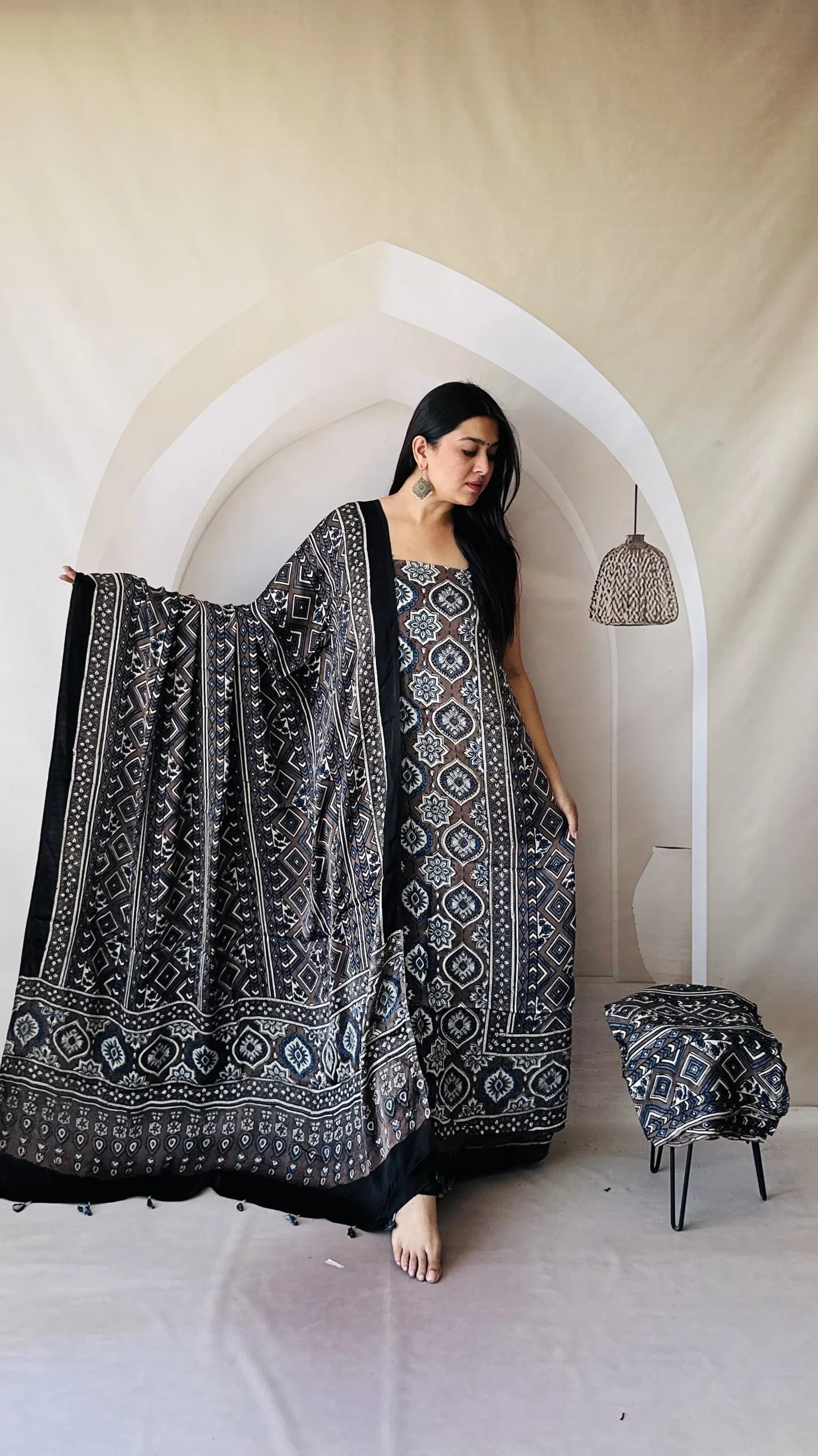 Ajrakh Modal Silk Natural Hand Block Print 3Pcs Suit - Coffee 