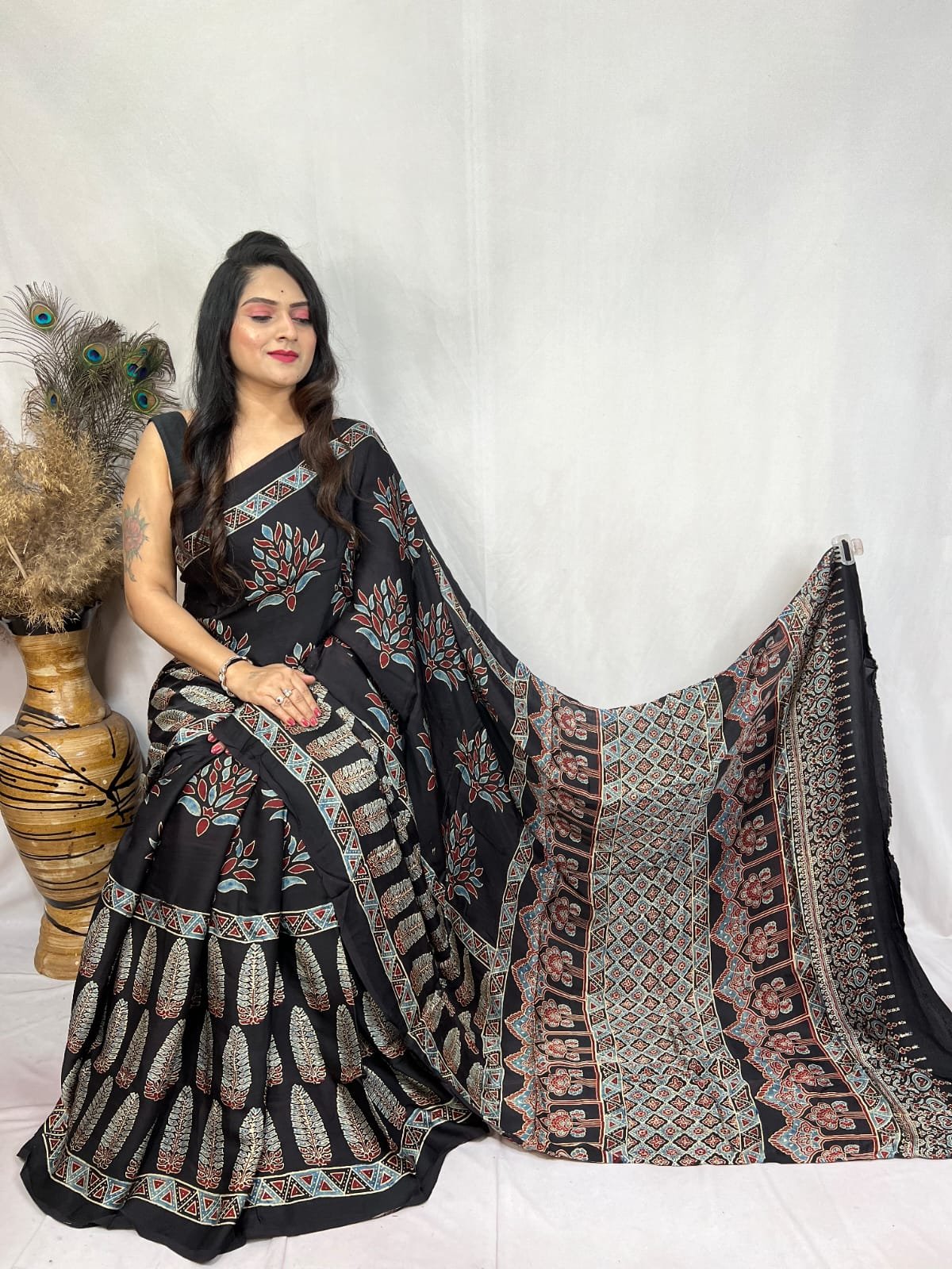 Ajrakh Modal Silk Natural Hand Block Print Saree - Black 