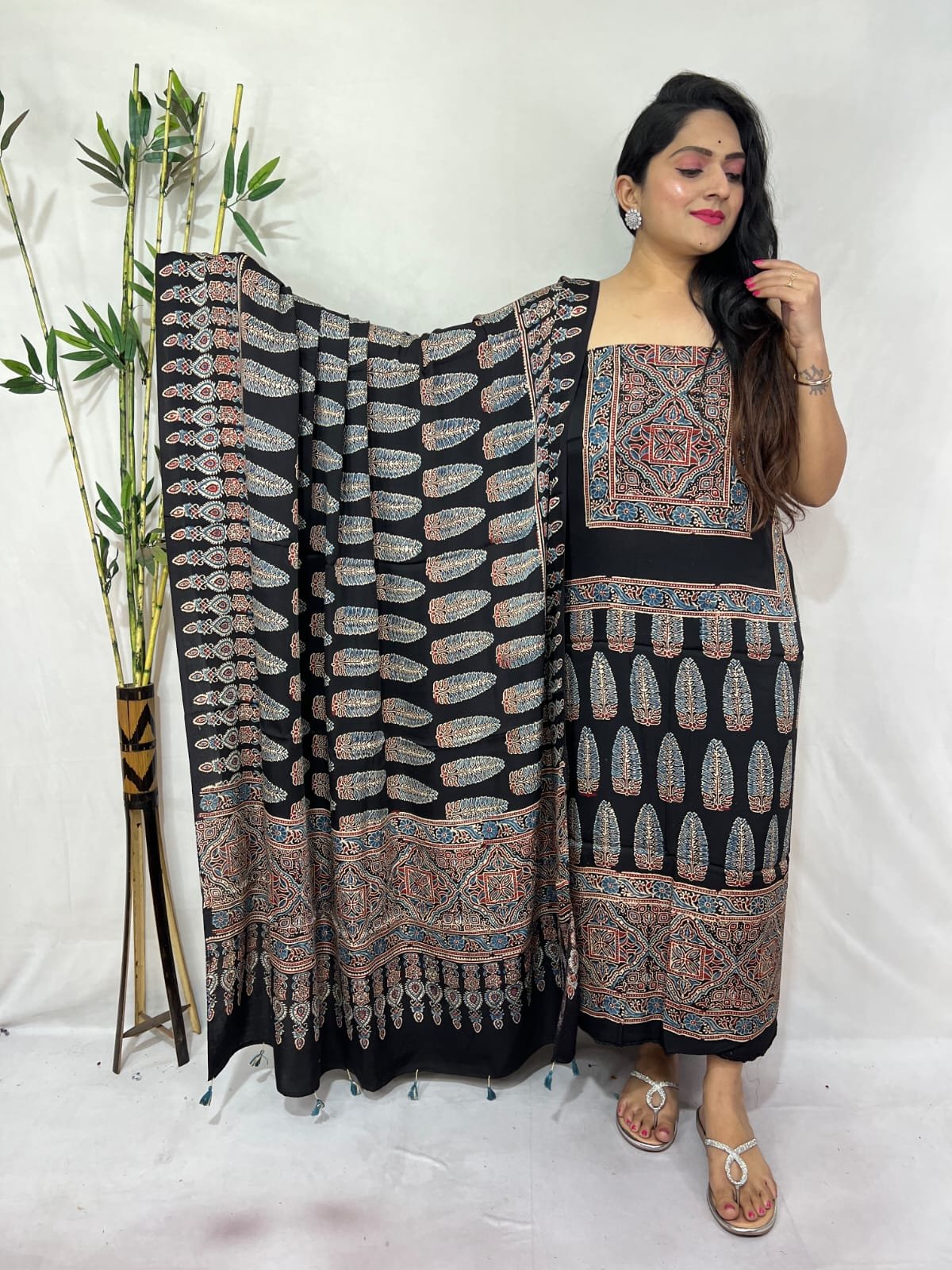 Ajarkh Modal Silk Natural Hand Block Print 2Pcs Suit - Black 