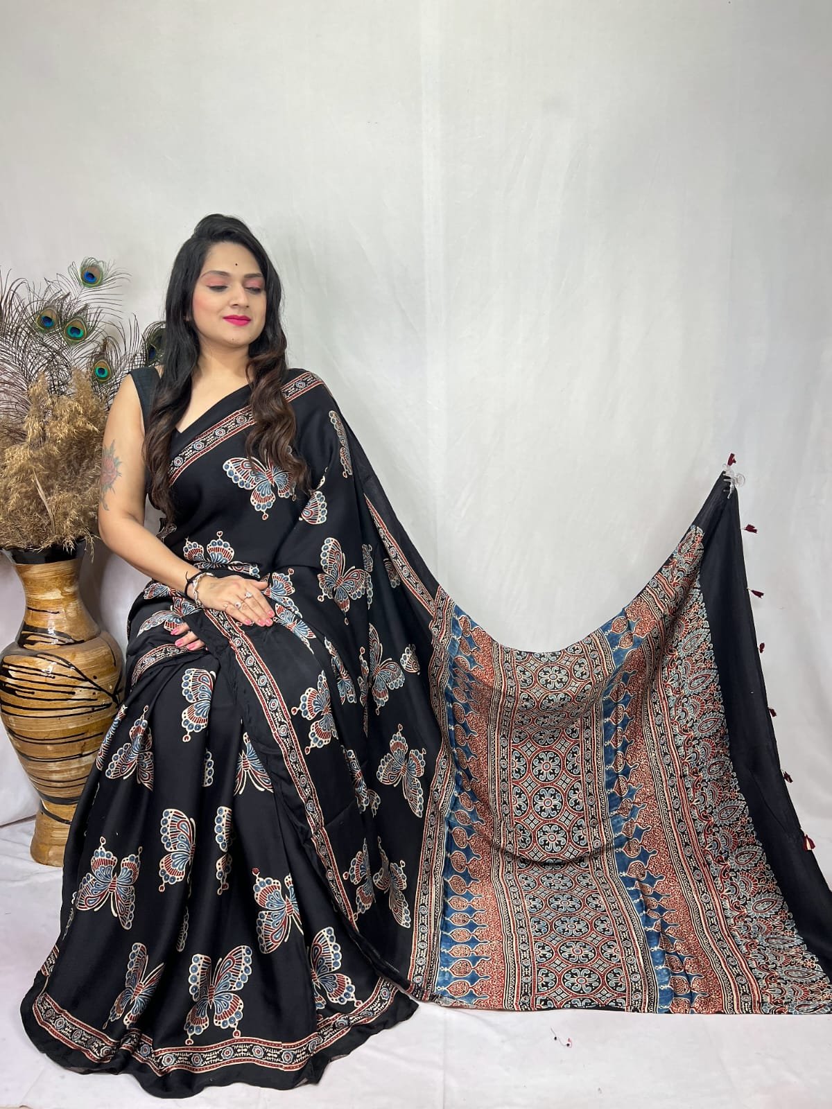 Ajrakh Modal Silk Natural Hand Block Print Saree - Black 