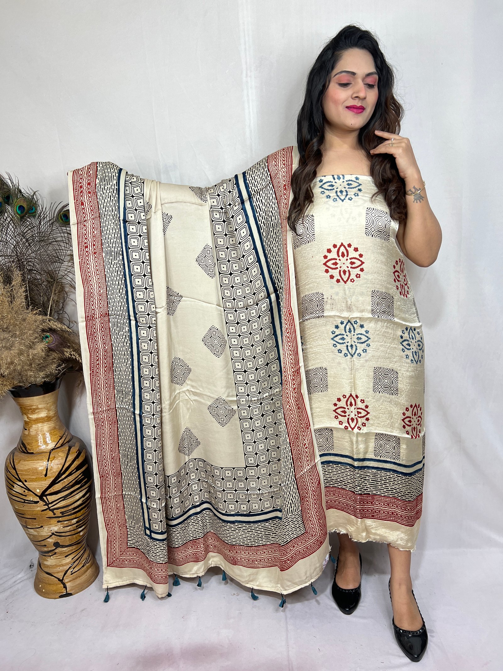 Ajrakh Modal Silk Natural Hand Block Print 2pc Suit Top And Dupatta (cream)