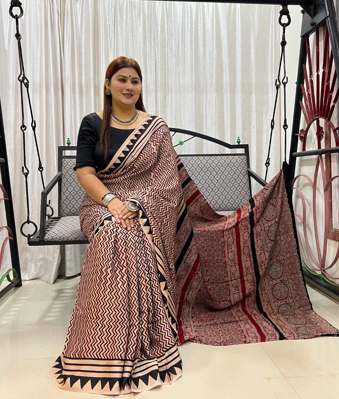 Ajrakh Modal Silk Natural Hand Block Print Saree - Red