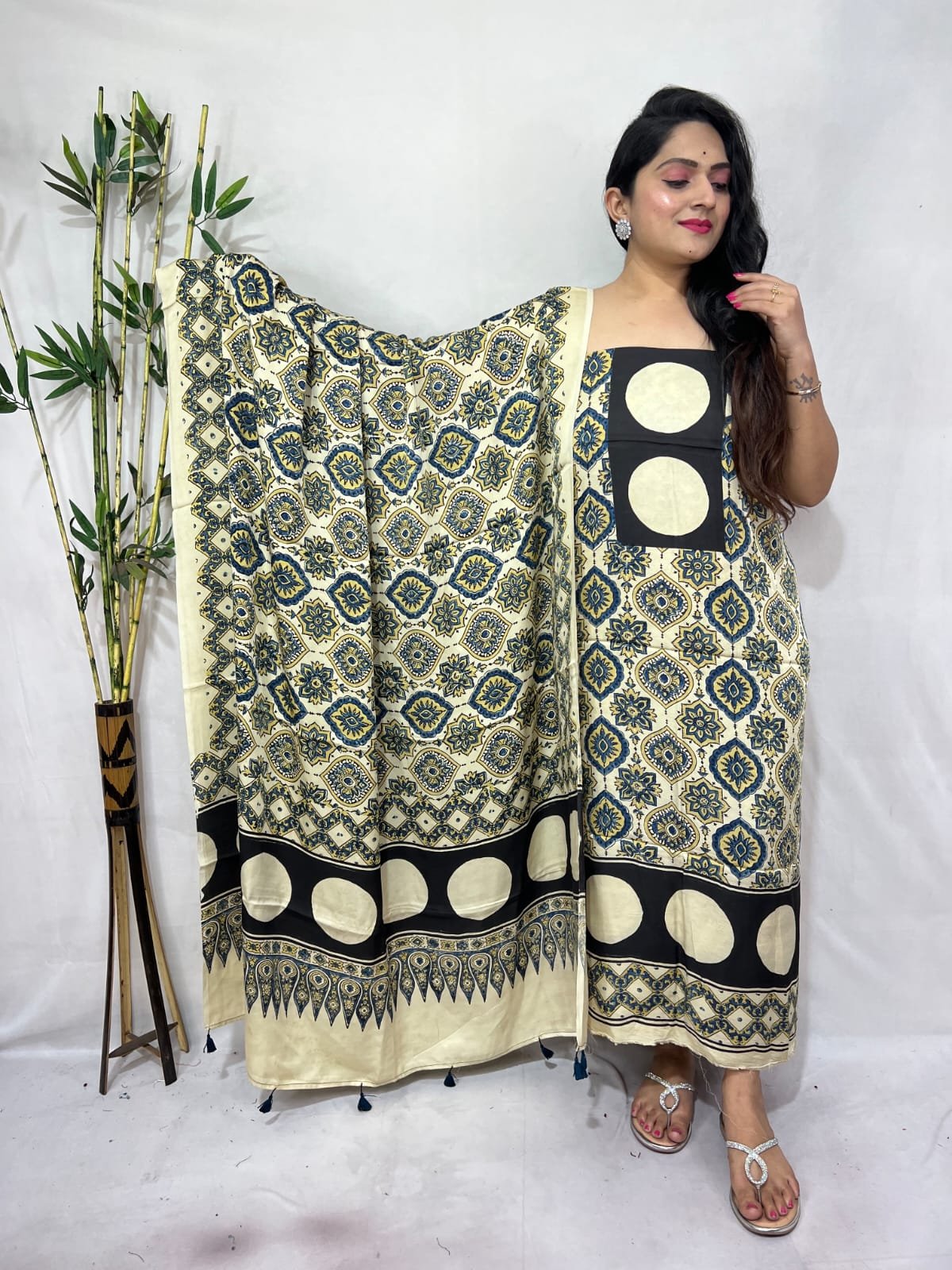 Ajarkh Modal Silk Natural Hand Block Print 2Pcs Suit - Cream 