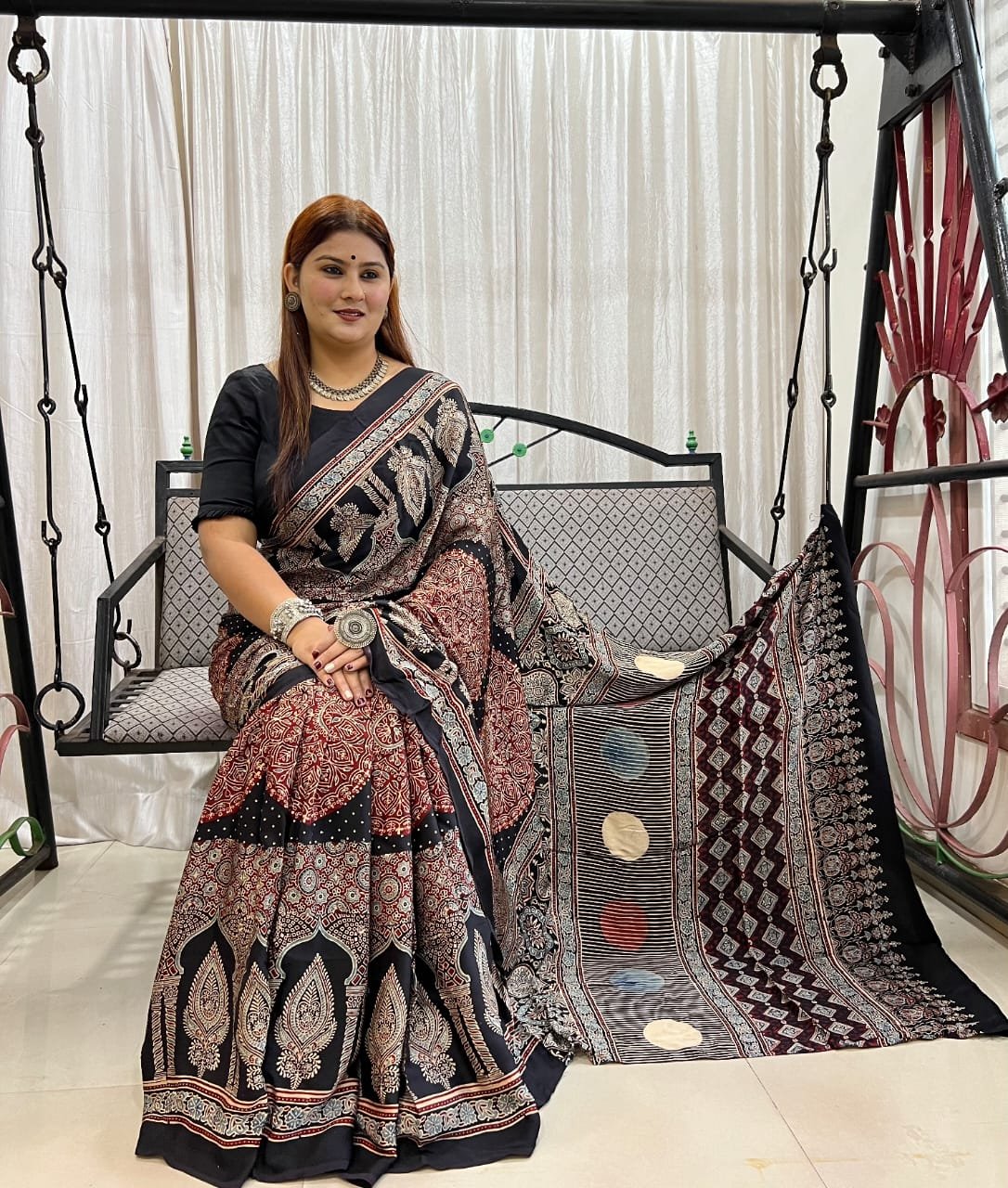 Ajrakh Modal Silk Natural Hand Block Print Saree - Black 
