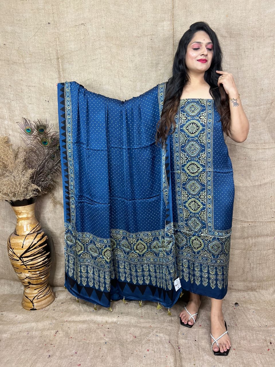 Ajrakh Modal Silk Natural Hand Block Print 2Pcs Suit - Indigo Blue 